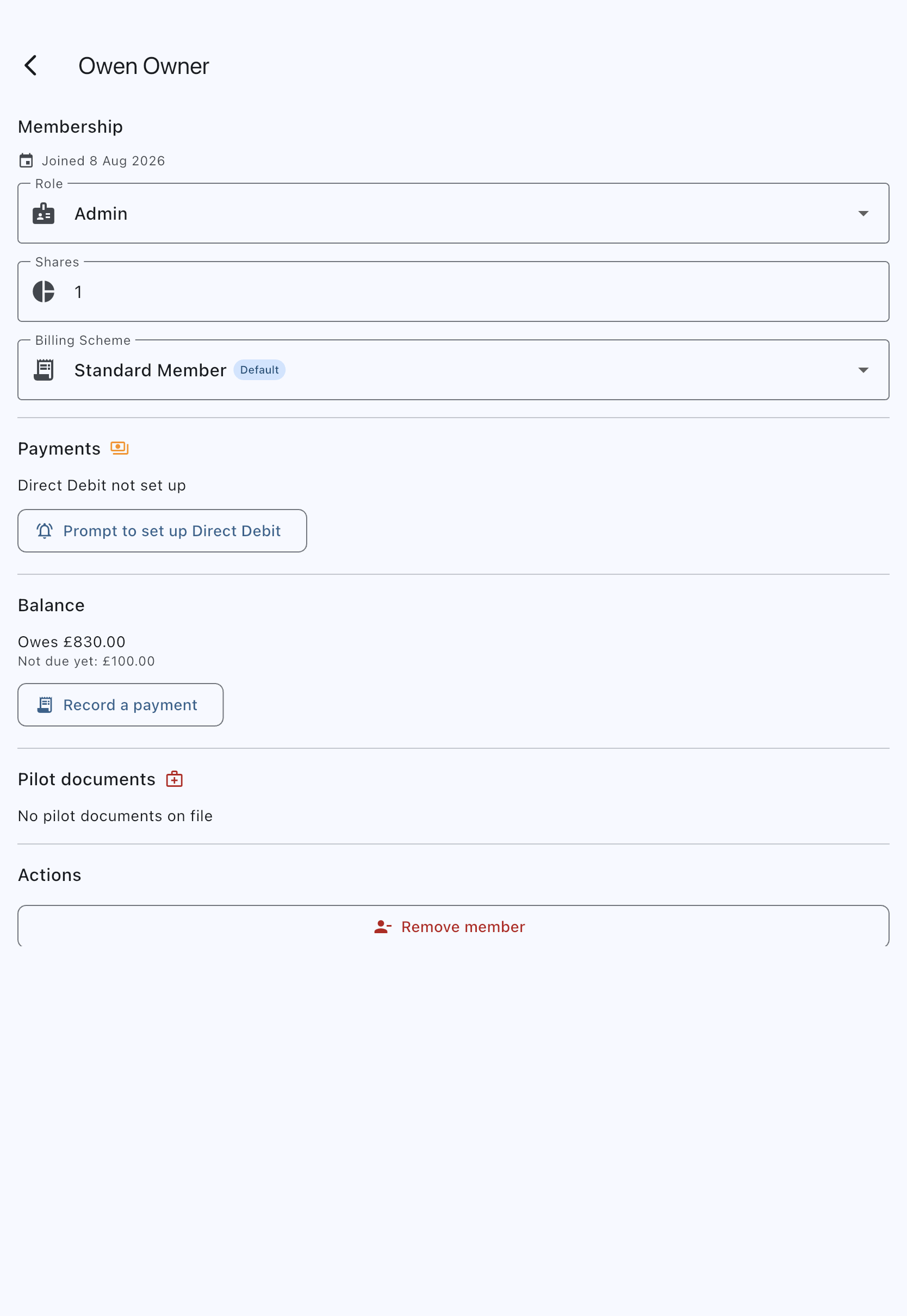 A member's detail screen with a Payments section reading Direct Debit not set up above a Prompt to set up Direct Debit button, between the Membership fields and the member's balance