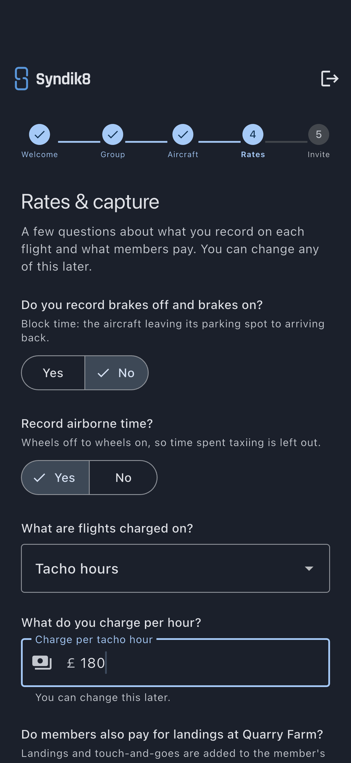 Rates and capture step with the capture questions answered, the charged-on selector, and the hourly rate field