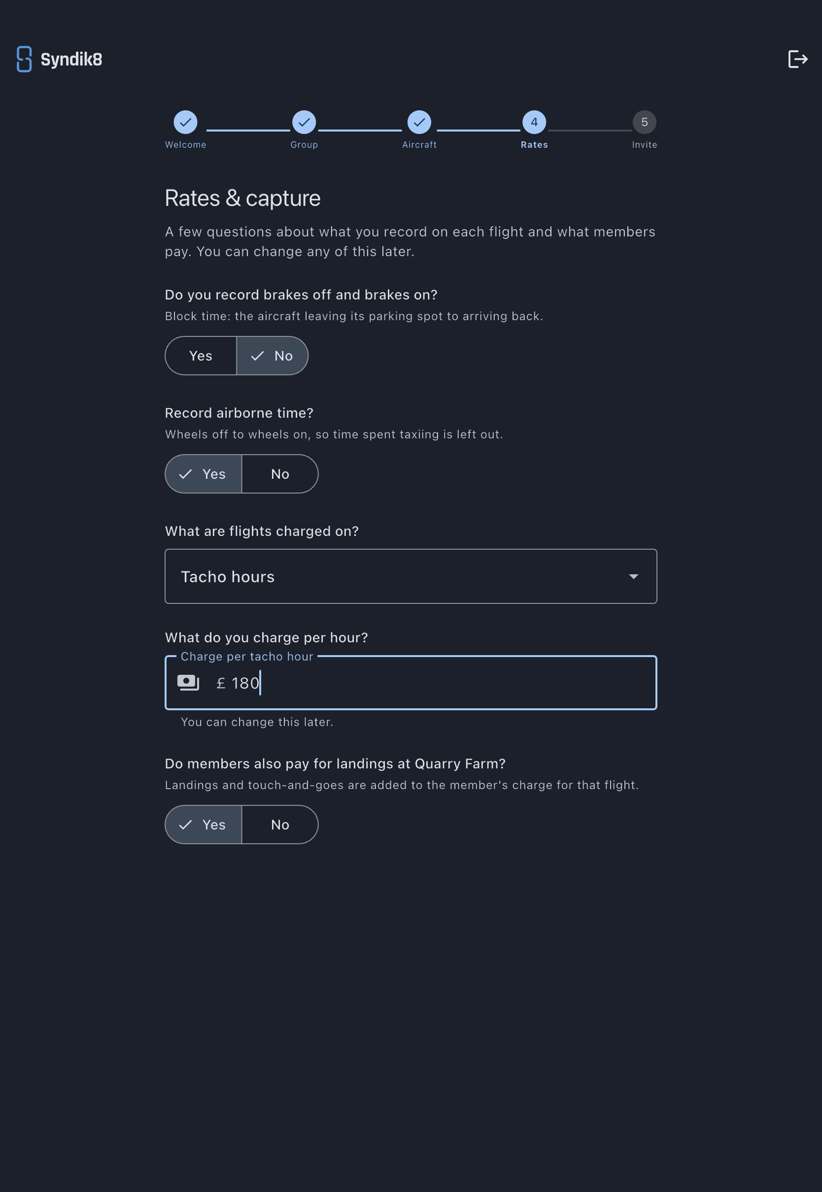 Rates and capture step with the capture questions answered, the charged-on selector, and the hourly rate field