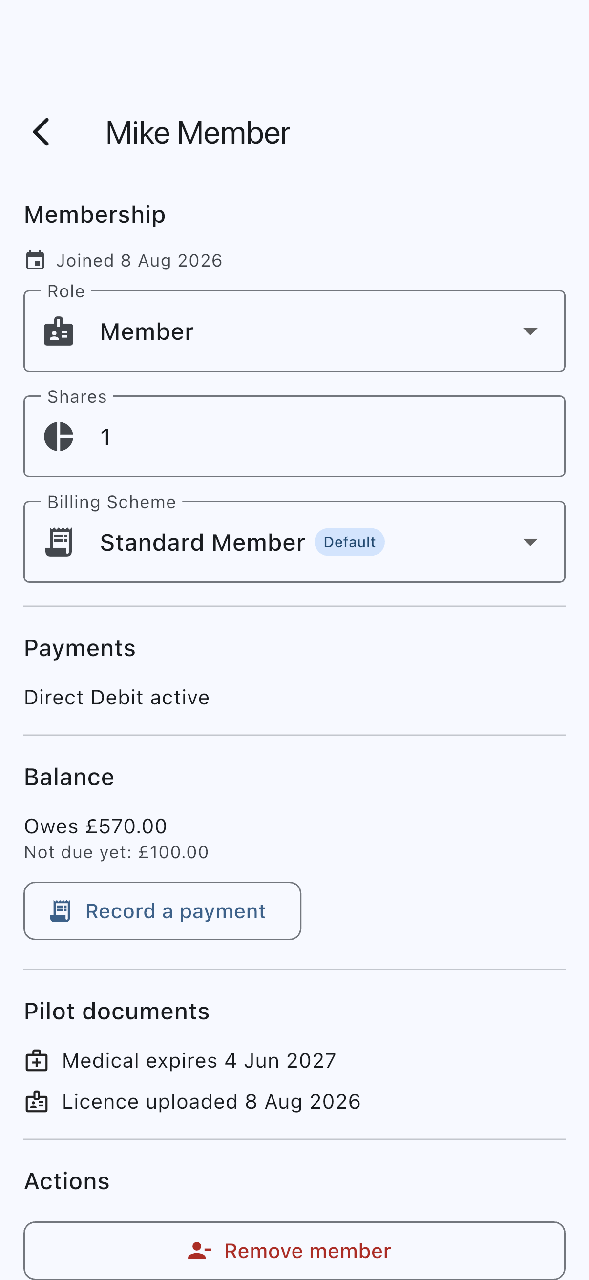 The foot of a member's screen showing the Actions heading with the red Remove member action beneath it