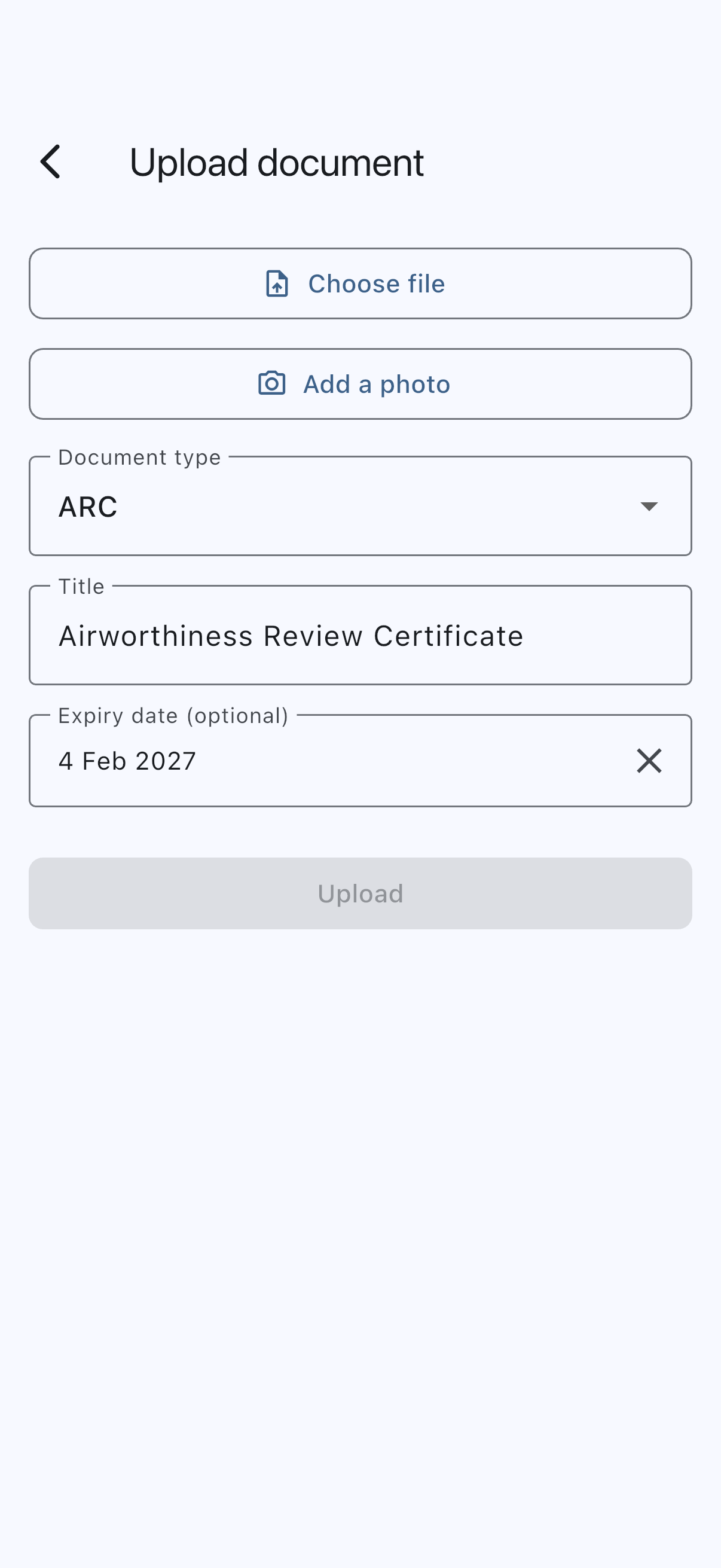 The upload screen opened from Replace, pre-filled with the existing title, type and expiry date and awaiting the new file