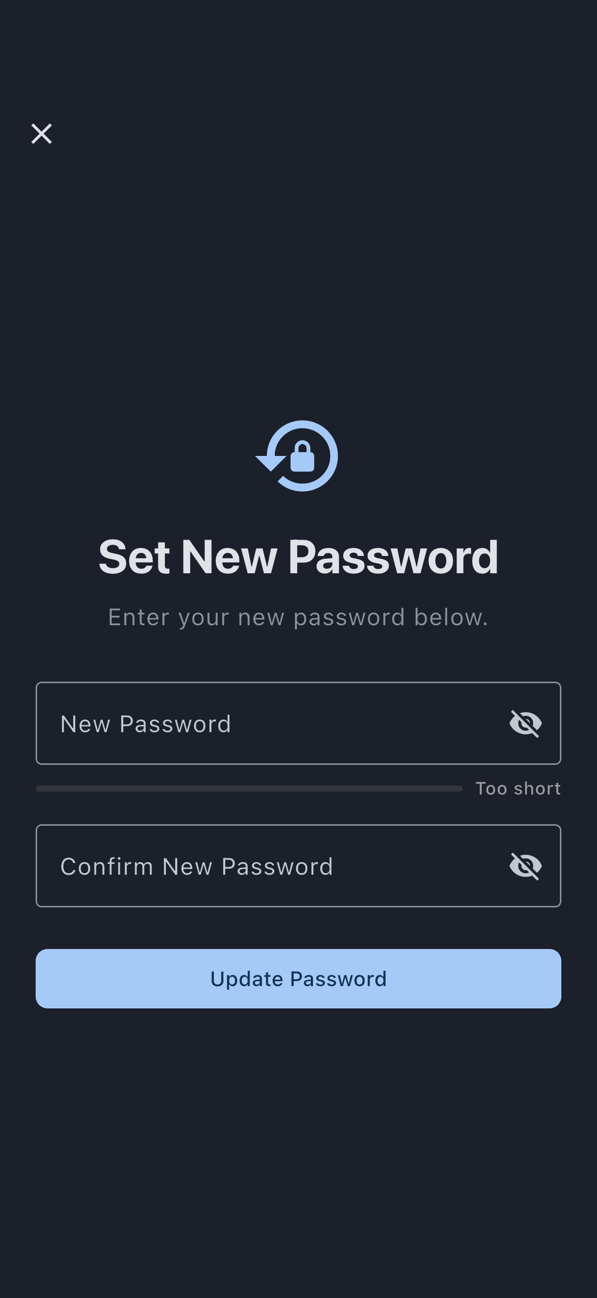 The Set New Password screen with an empty New Password field, a strength meter reading Too short beneath it, an empty Confirm New Password field, and the Update Password button