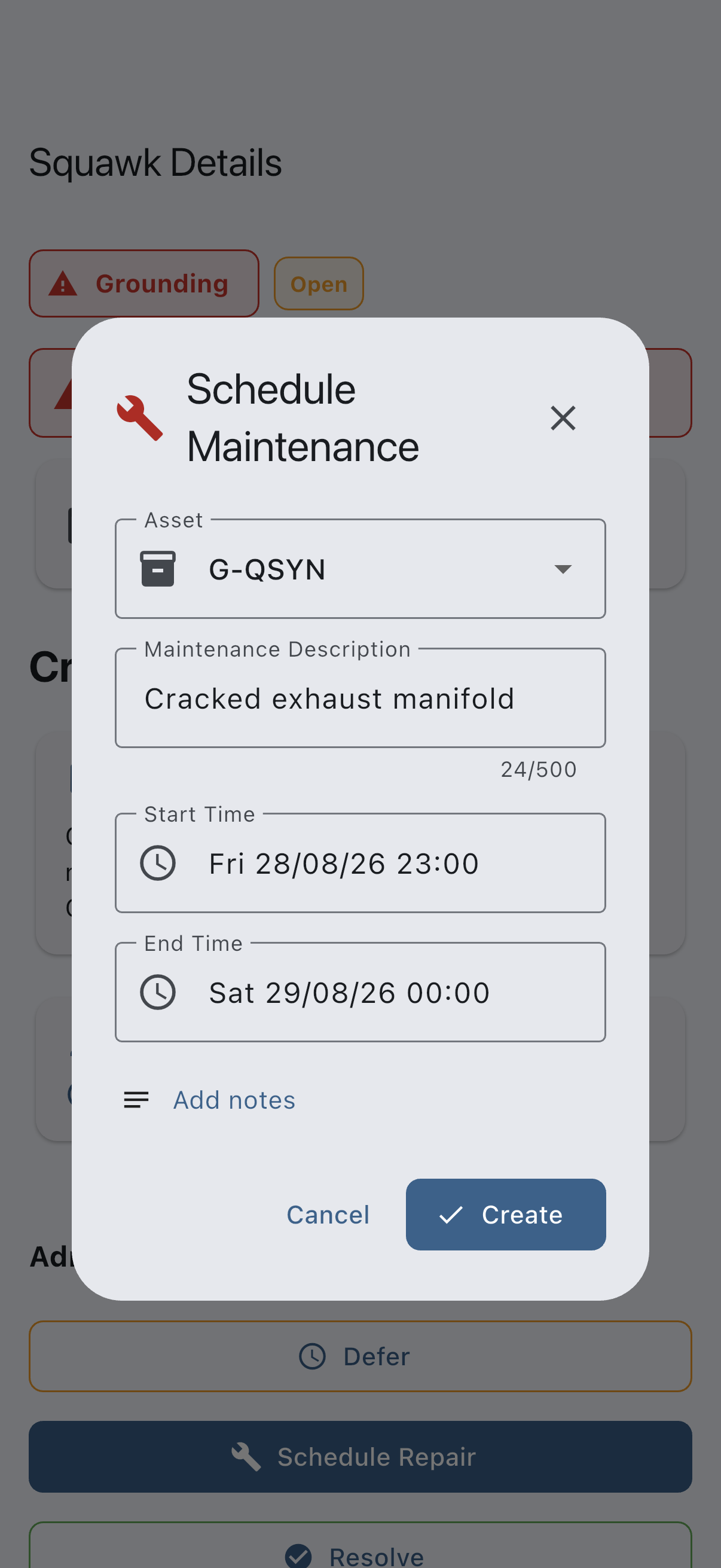 The maintenance booking dialog opened from the squawk, pre-filled with the aircraft, the maintenance booking type and a description taken from the squawk title