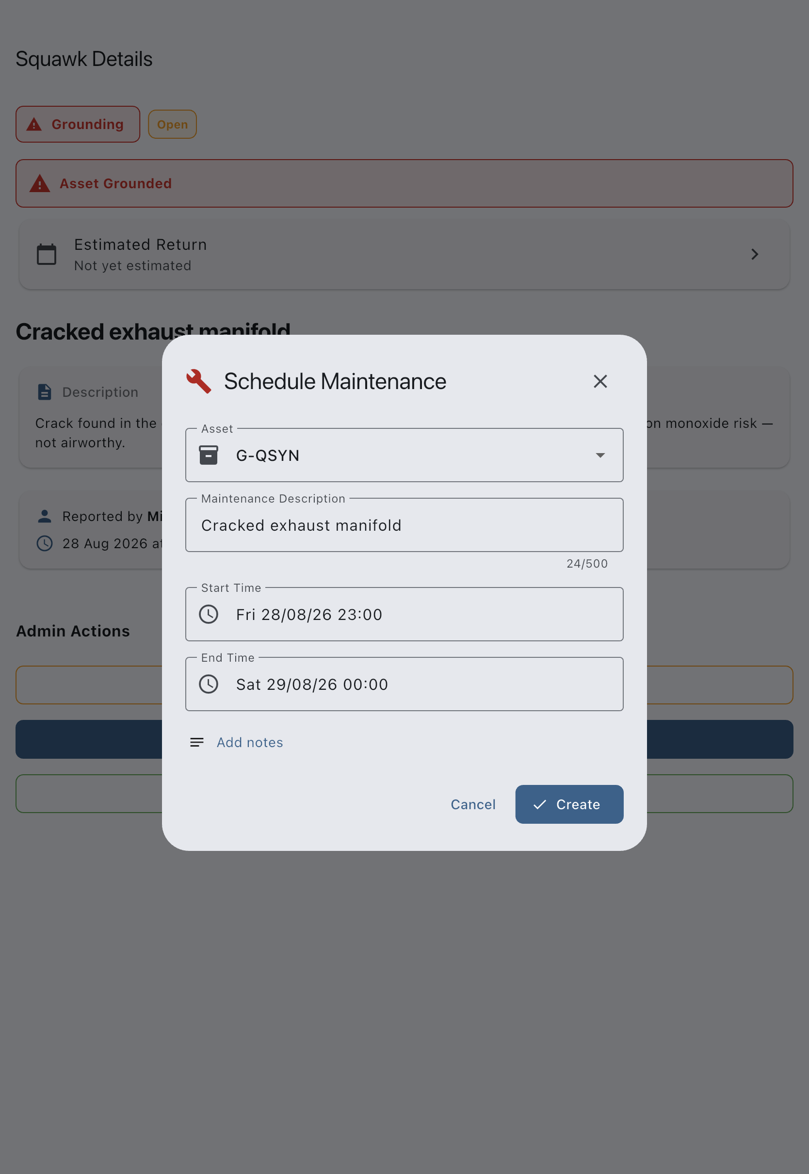 The maintenance booking dialog opened from the squawk, pre-filled with the aircraft, the maintenance booking type and a description taken from the squawk title