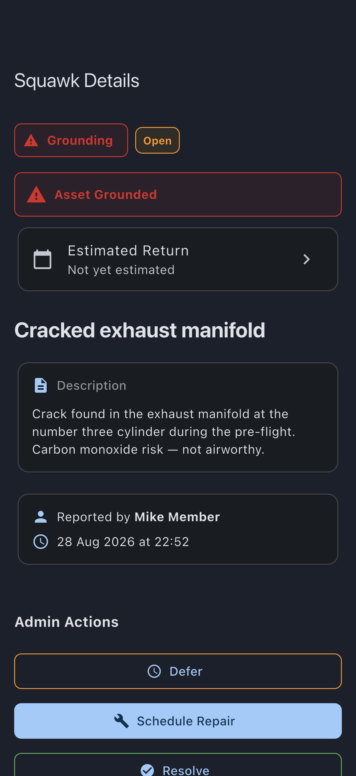The detail screen of an open grounding squawk, with Schedule Repair listed under Admin Actions