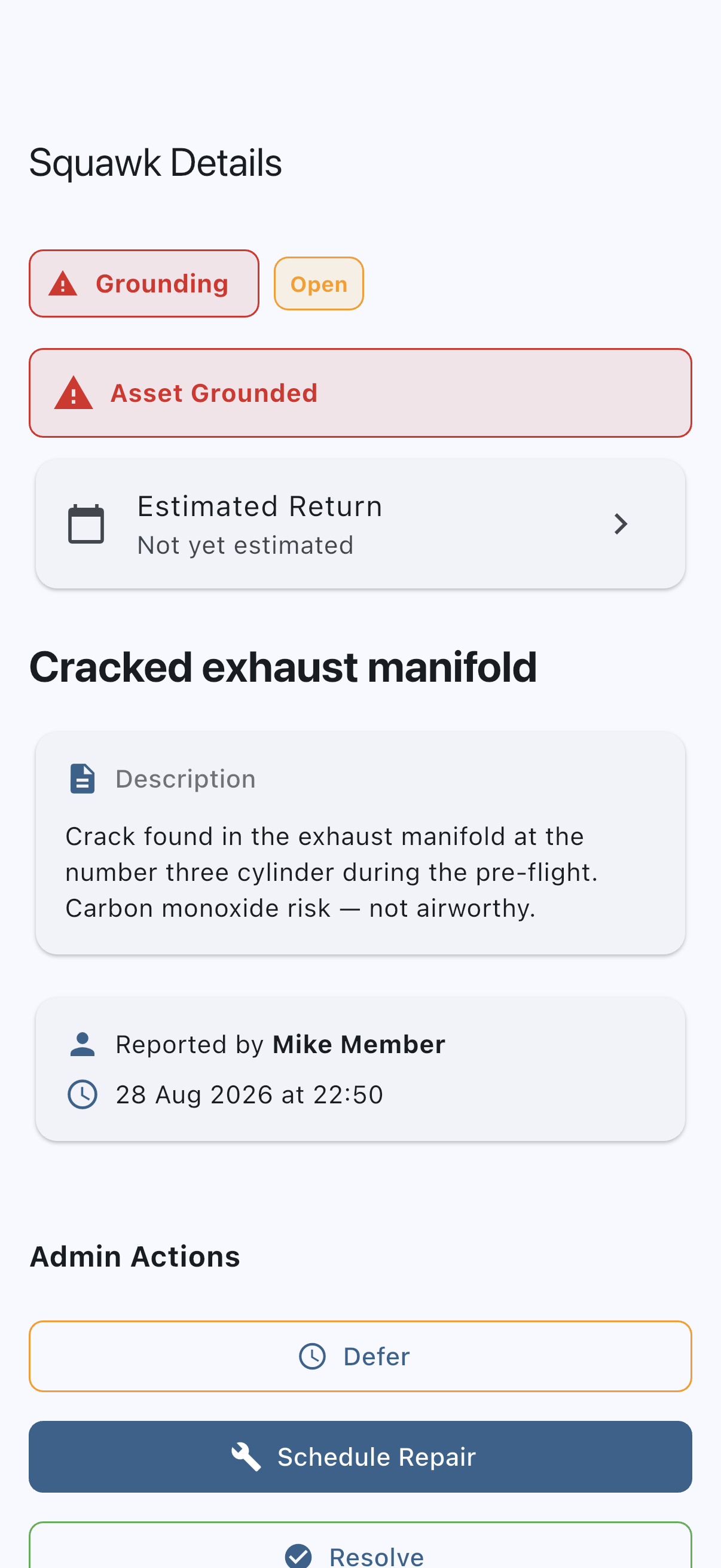 The detail screen of an open grounding squawk, with Schedule Repair listed under Admin Actions
