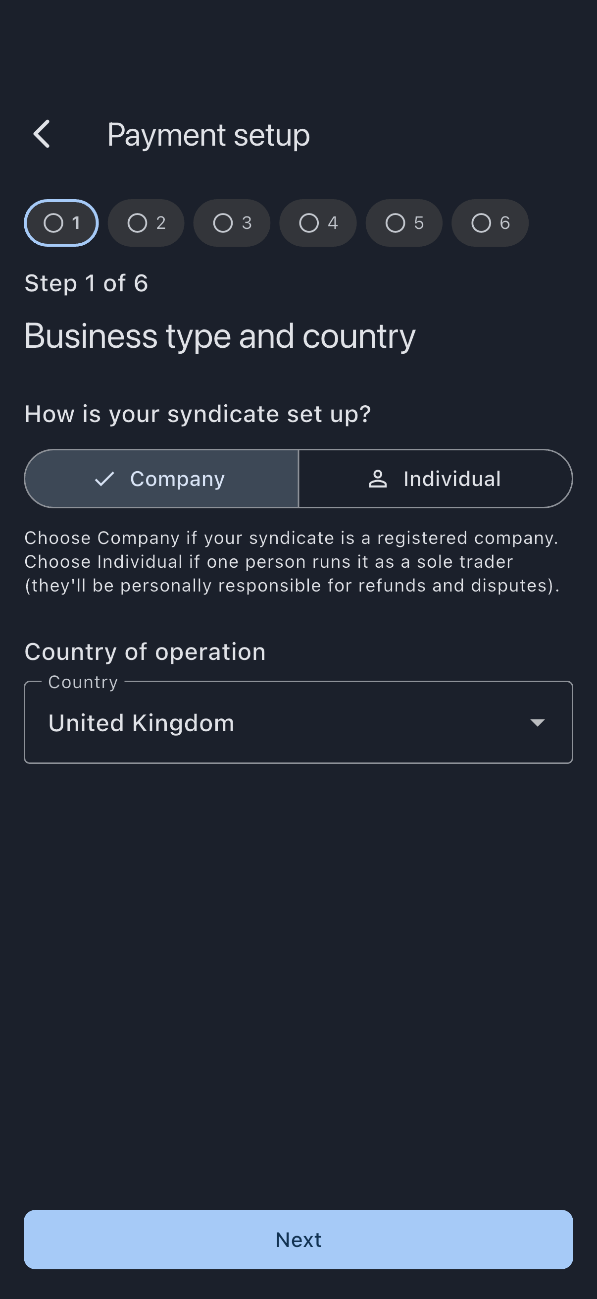 Business type and country step of the payment onboarding wizard, asking how the syndicate is set up with Company and Individual options, above the country selector