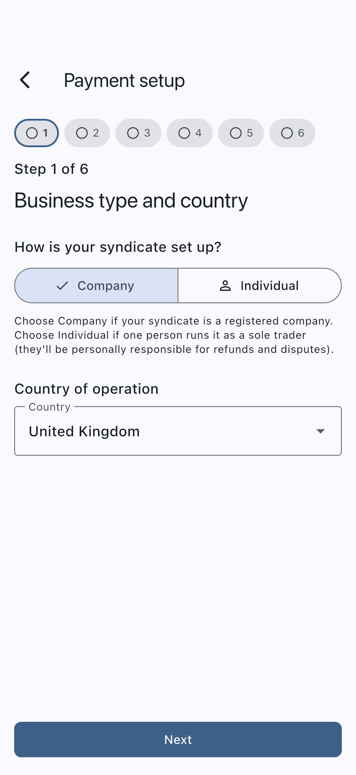 Business type and country step of the payment onboarding wizard, asking how the syndicate is set up with Company and Individual options, above the country selector