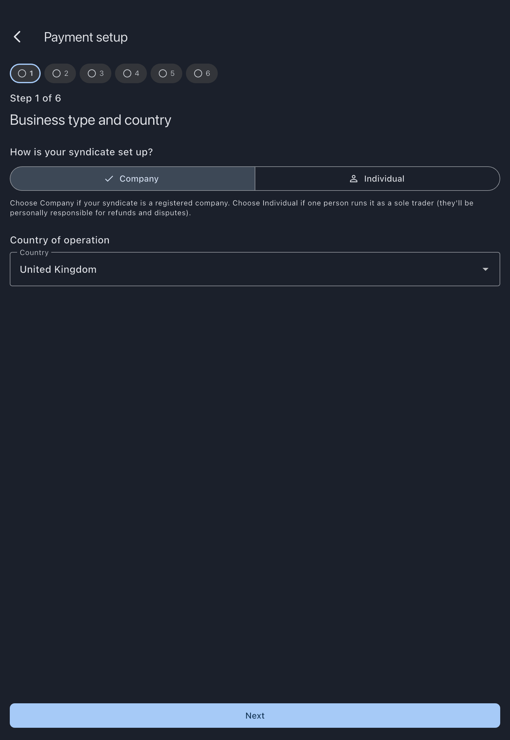 Business type and country step of the payment onboarding wizard, asking how the syndicate is set up with Company and Individual options, above the country selector