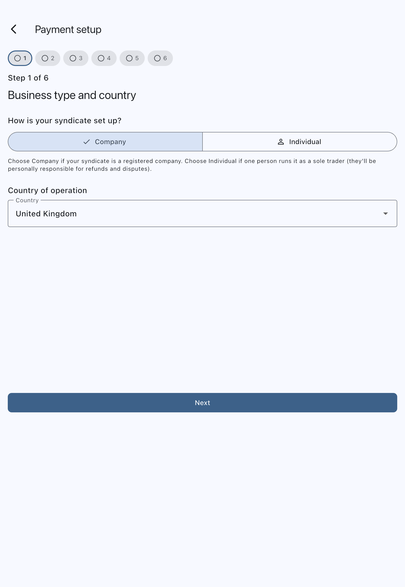 Business type and country step of the payment onboarding wizard, asking how the syndicate is set up with Company and Individual options, above the country selector