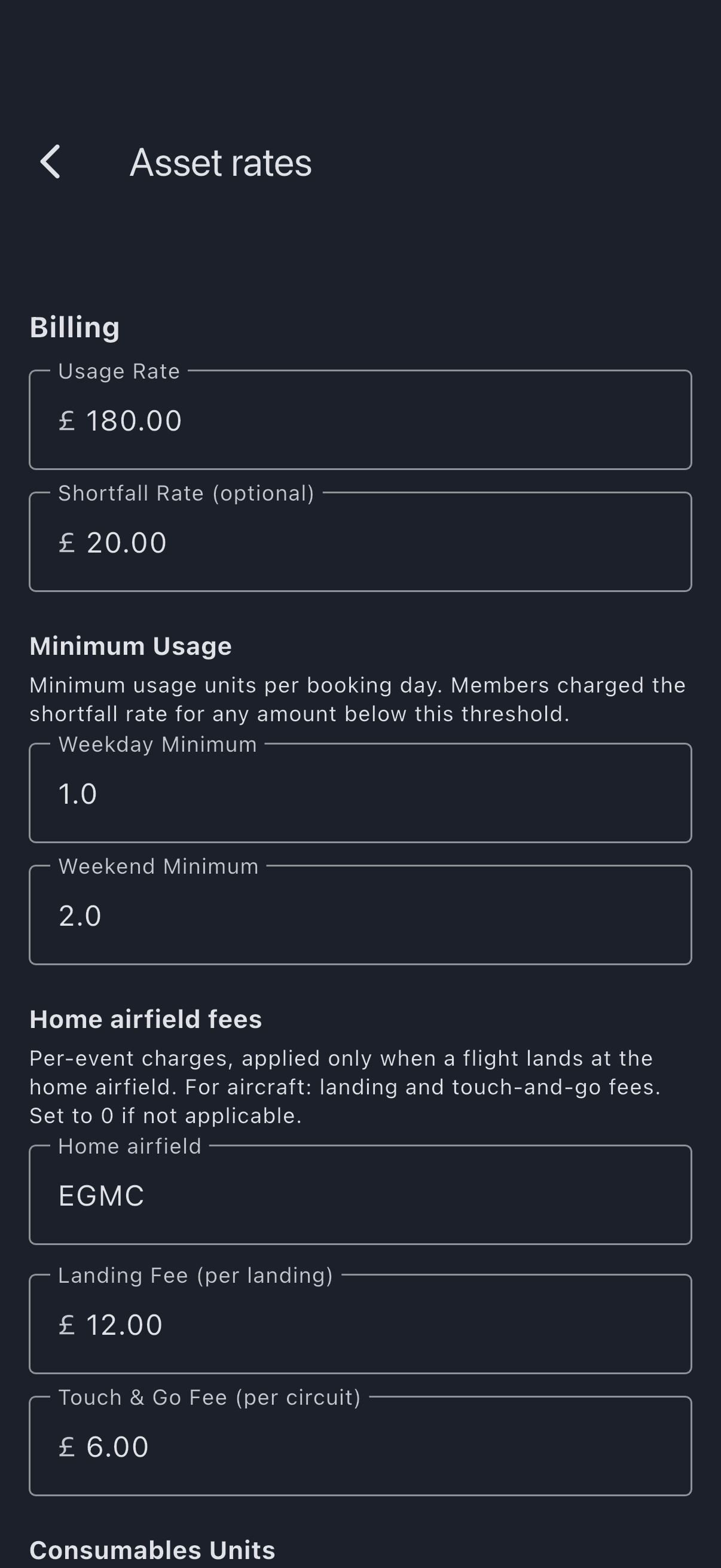 The Asset rates screen with the usage rate and shortfall rate filled in, the weekday and weekend minimums below them, and the home airfield box above the landing and touch-and-go fee fields
