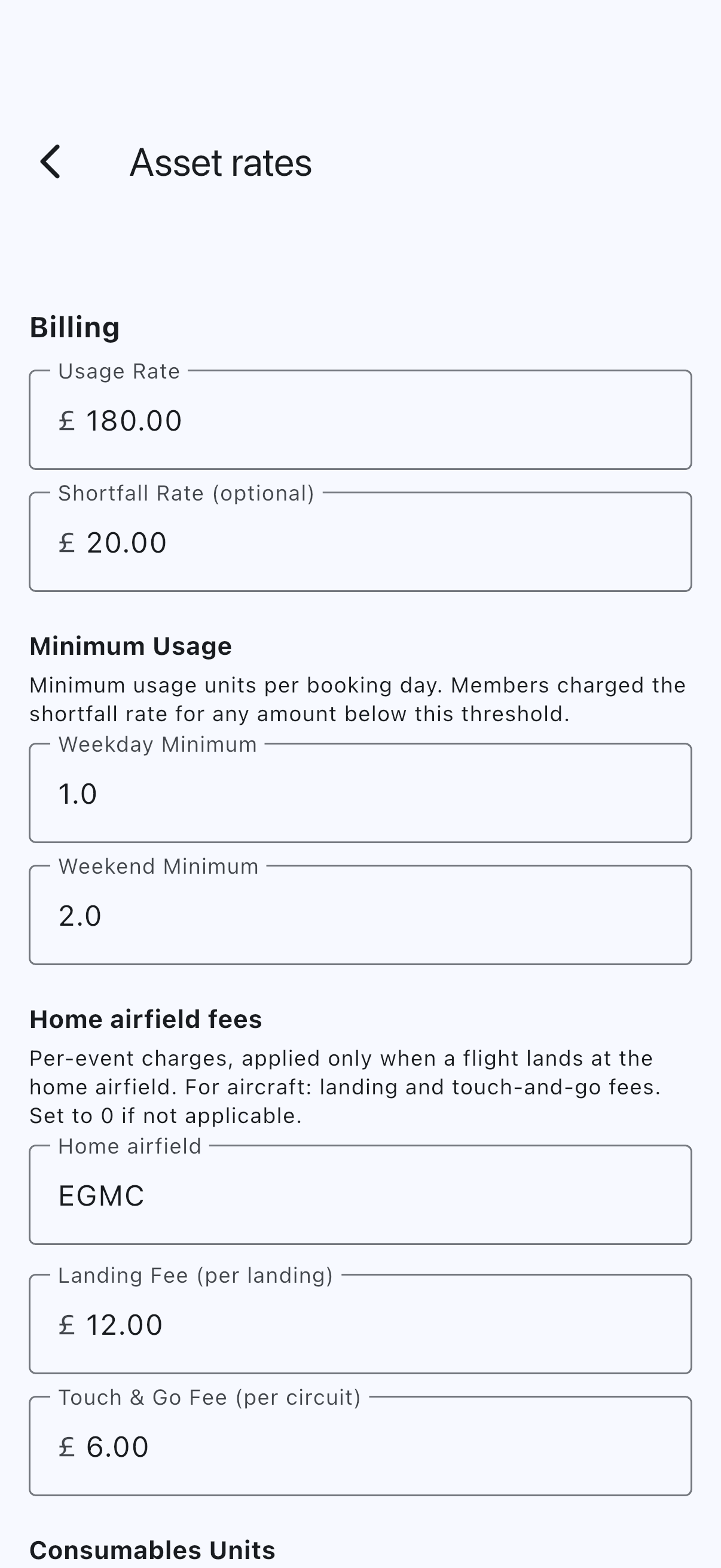 The Asset rates screen with the usage rate and shortfall rate filled in, the weekday and weekend minimums below them, and the home airfield box above the landing and touch-and-go fee fields