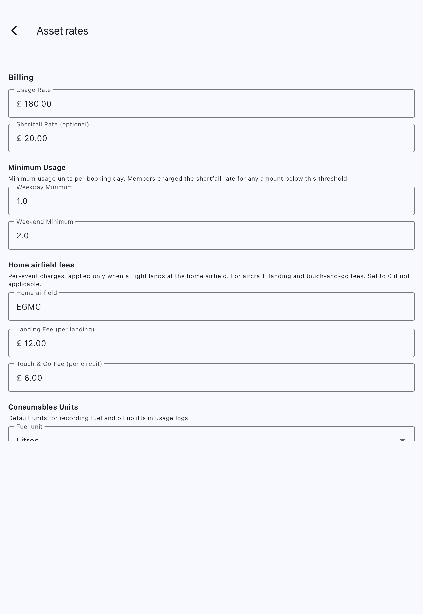 The Asset rates screen with the usage rate and shortfall rate filled in, the weekday and weekend minimums below them, and the home airfield box above the landing and touch-and-go fee fields
