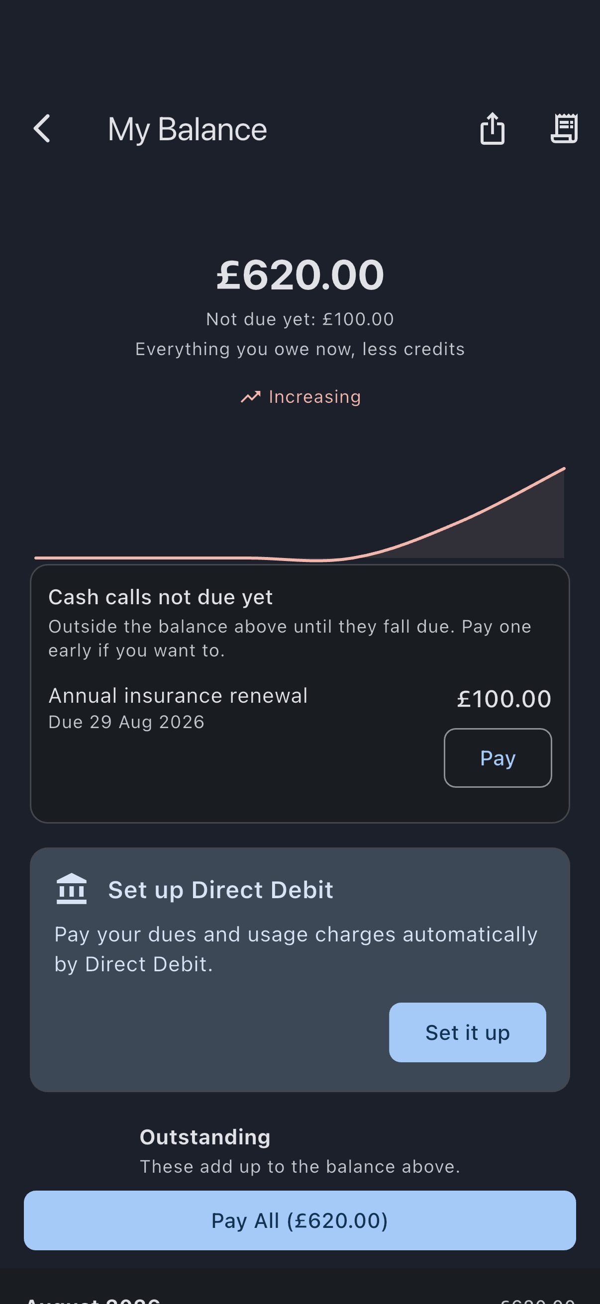 Set up Direct Debit card on the My Balance screen, with a short explanation and a Set it up button