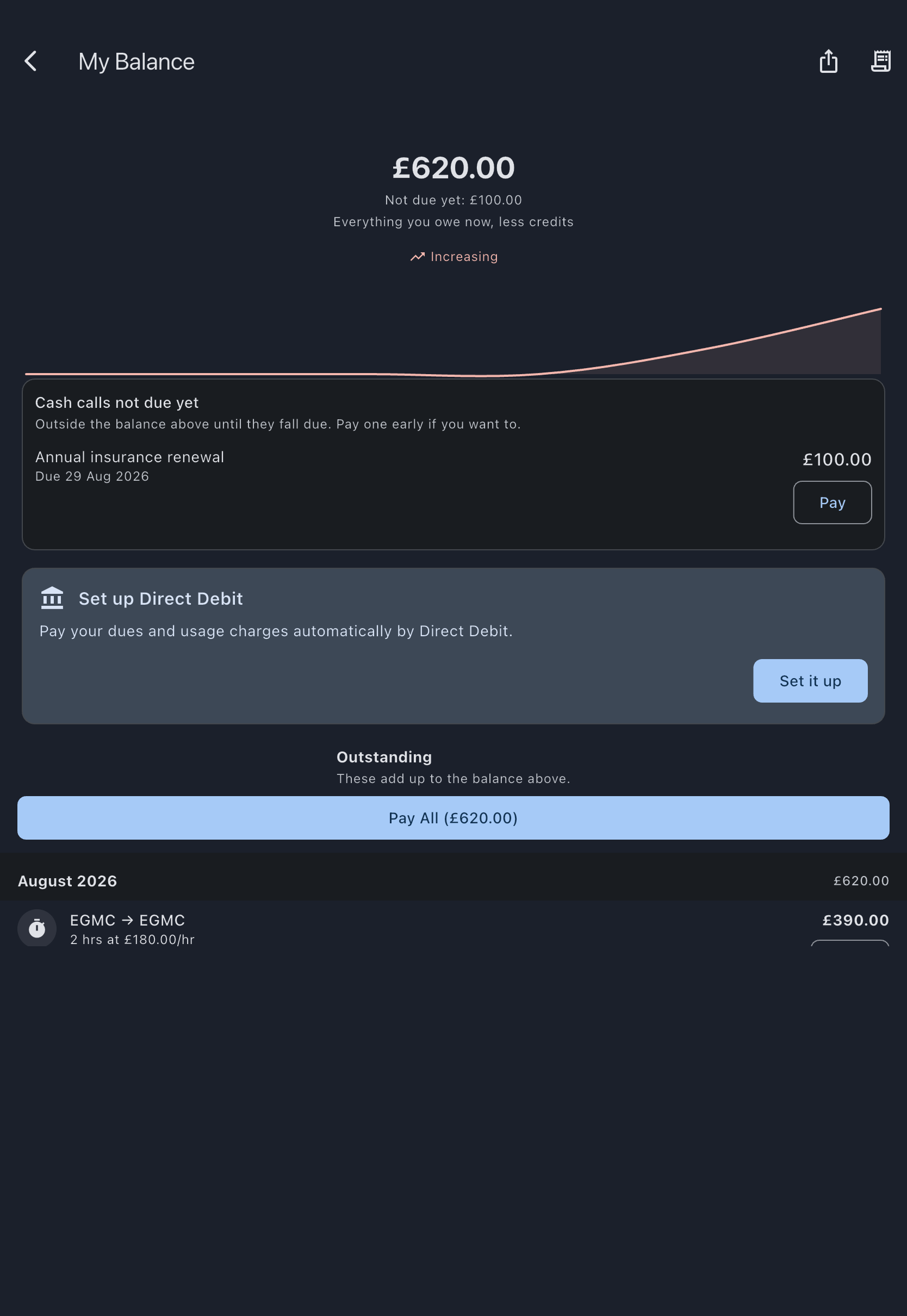 Set up Direct Debit card on the My Balance screen, with a short explanation and a Set it up button