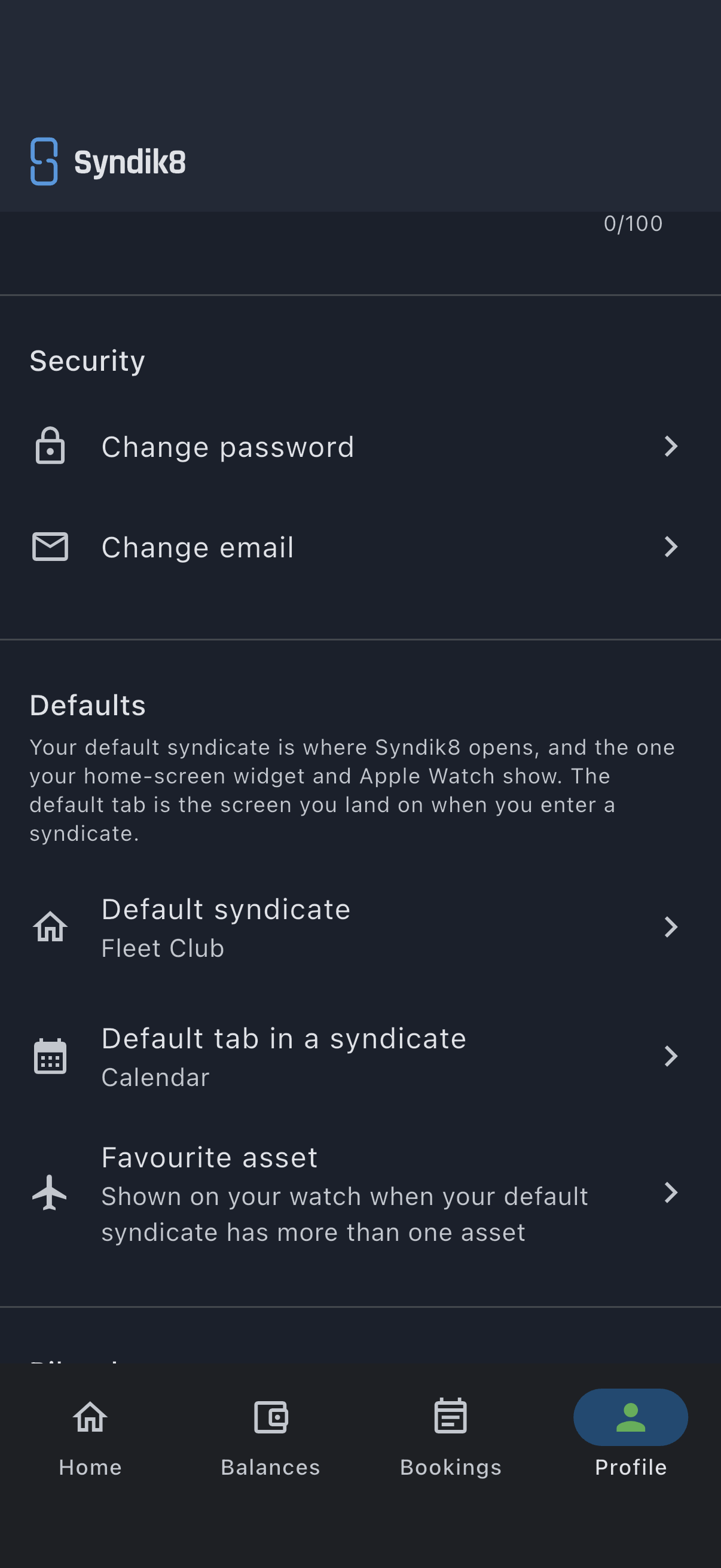 The Defaults card with the Favourite asset row at its foot, its subtitle reading that the choice is shown on your watch when your default syndicate has more than one asset