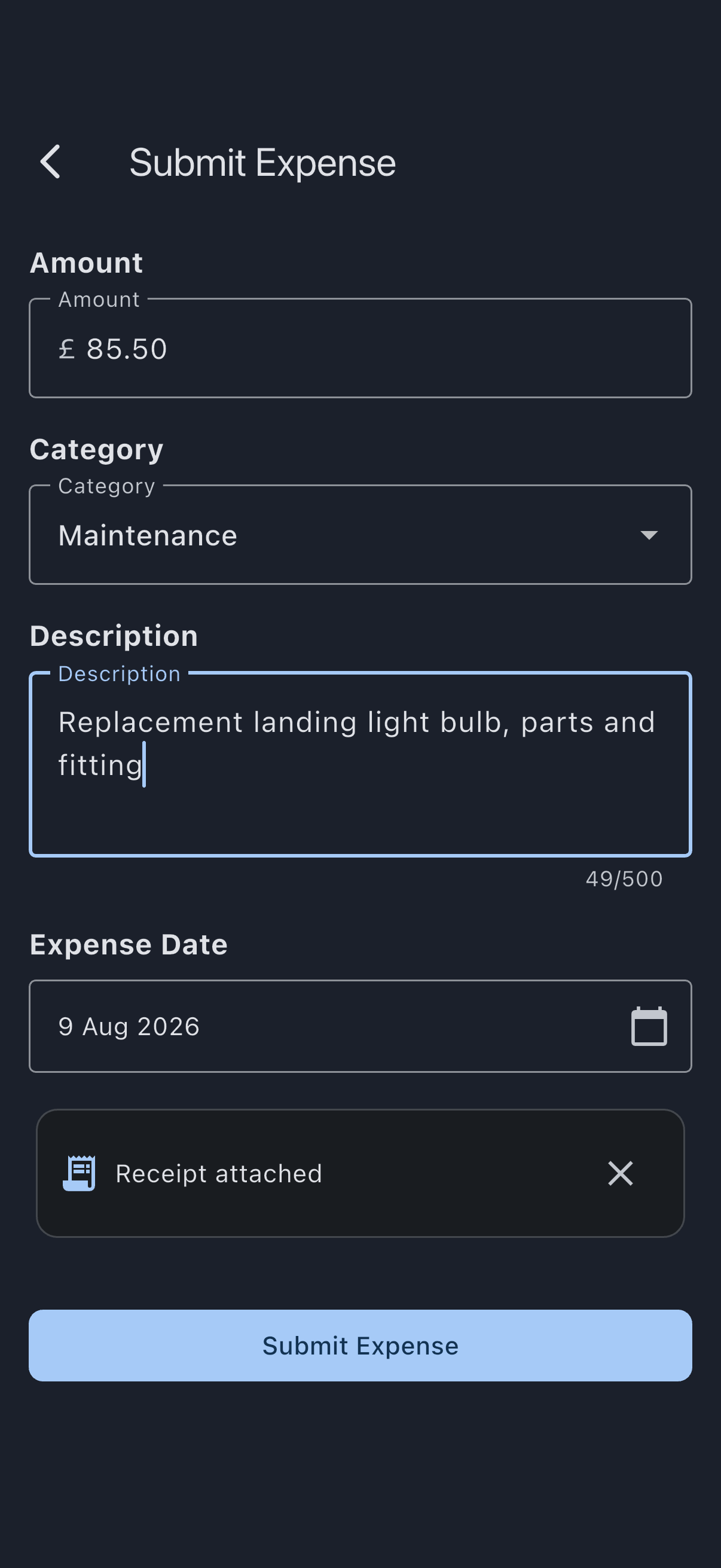 The submit expense form with an amount, a category, a description and an expense date filled in, and a receipt attached