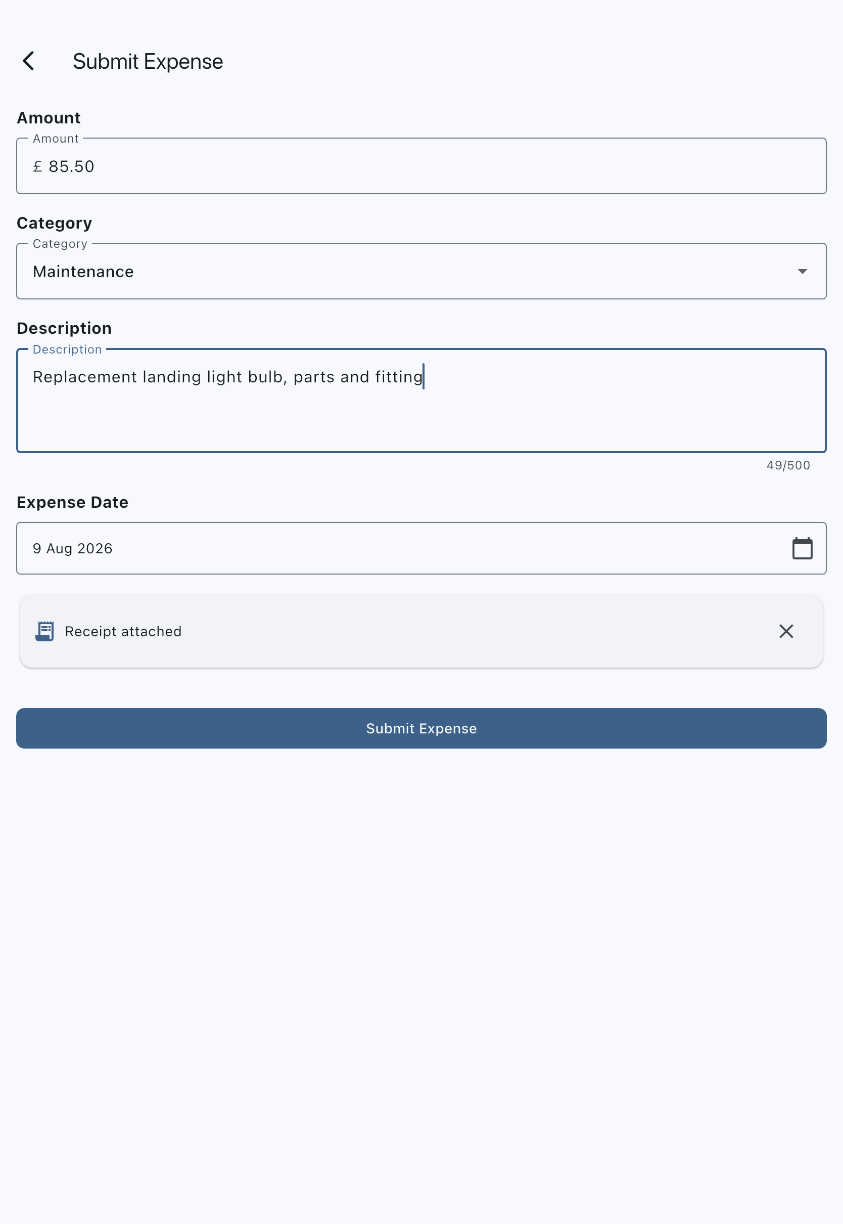 The submit expense form with an amount, a category, a description and an expense date filled in, and a receipt attached