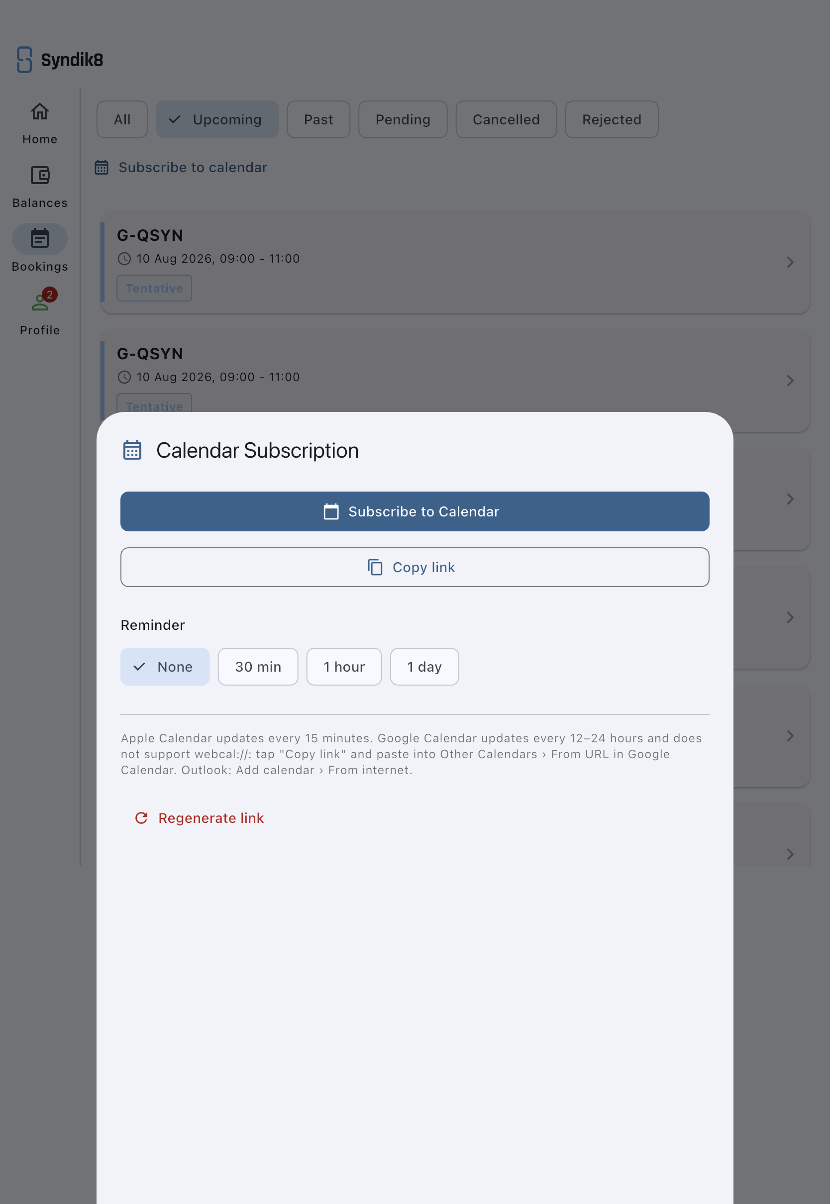 The calendar subscription sheet with the Subscribe to Calendar, Copy link and Regenerate link buttons