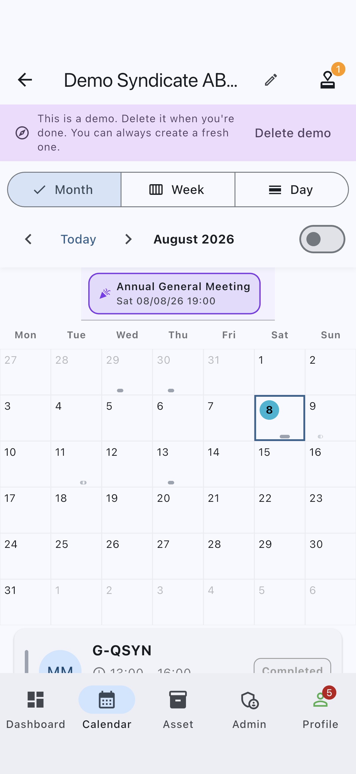 A demo syndicate with the persistent demo banner across the top of the Calendar tab, carrying its Close demo action