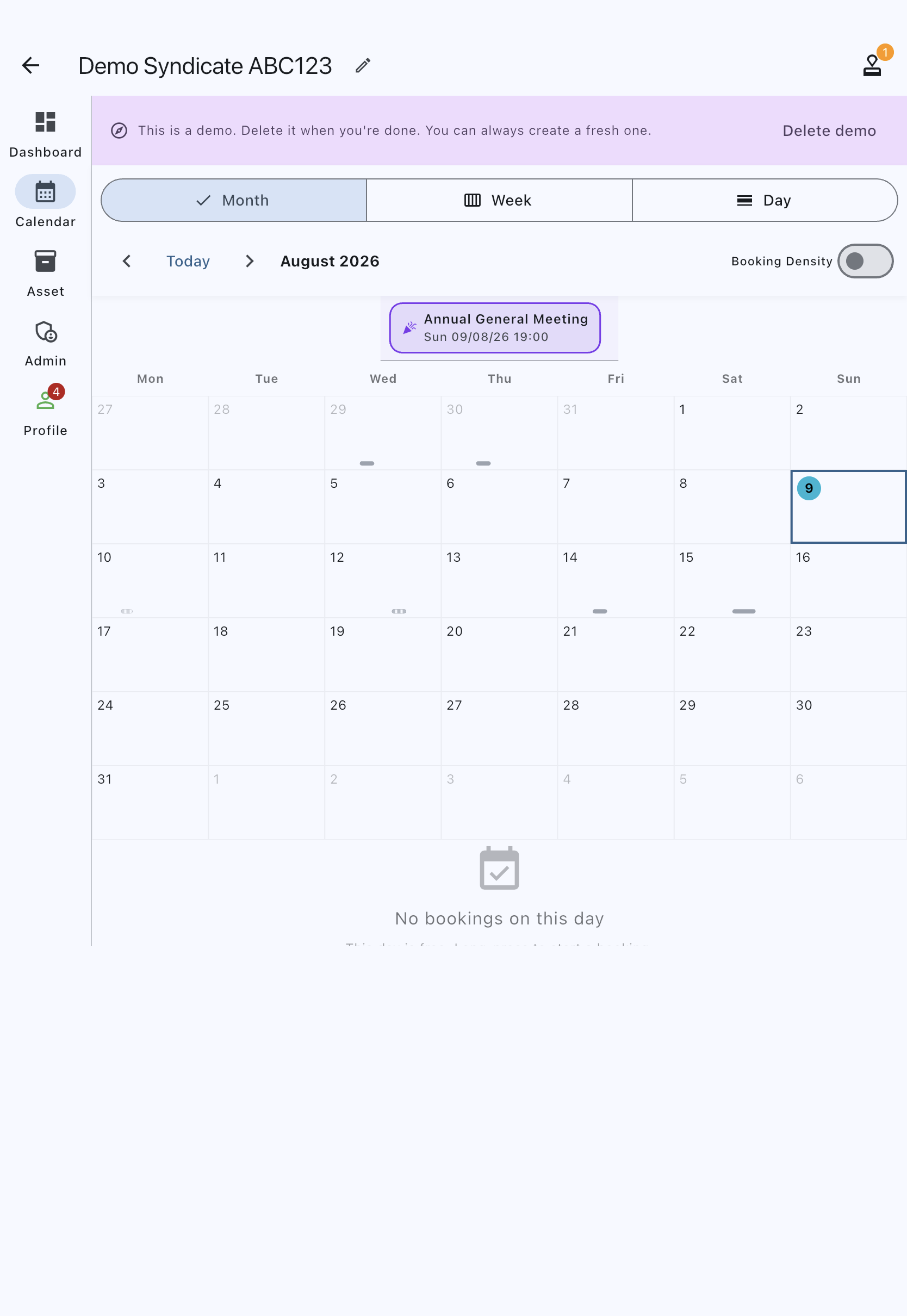 A demo syndicate with the persistent demo banner across the top of the Calendar tab, carrying its Close demo action