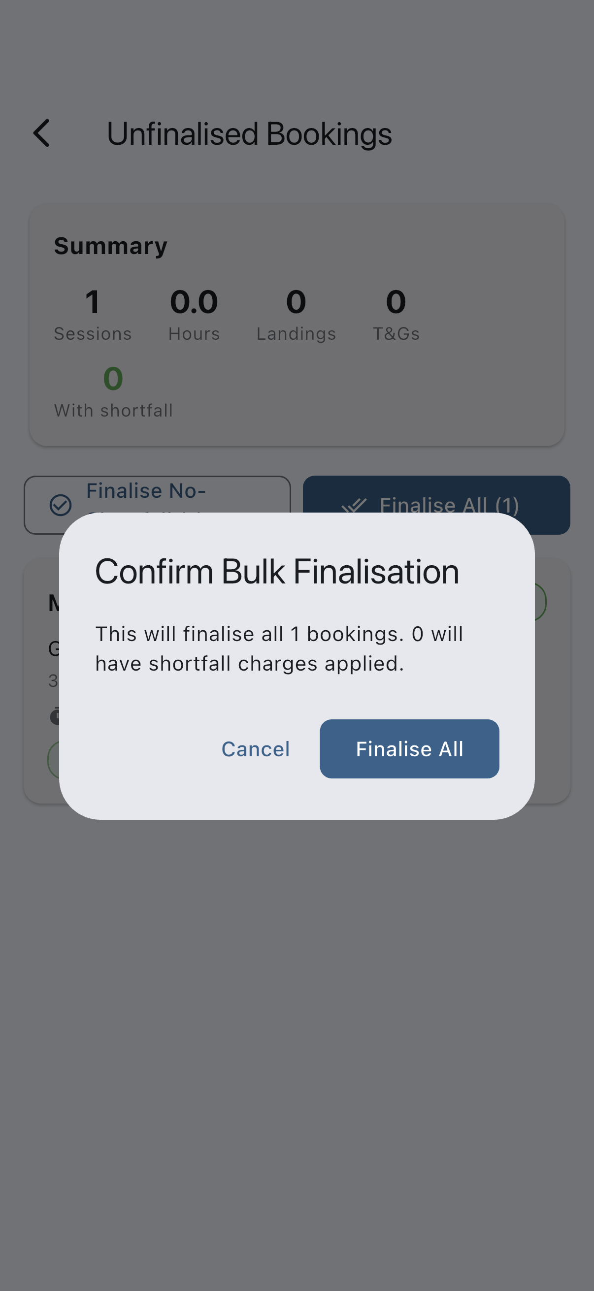 Unfinalised Bookings screen with Finalise No-Shortfall and Finalise All bulk-action buttons