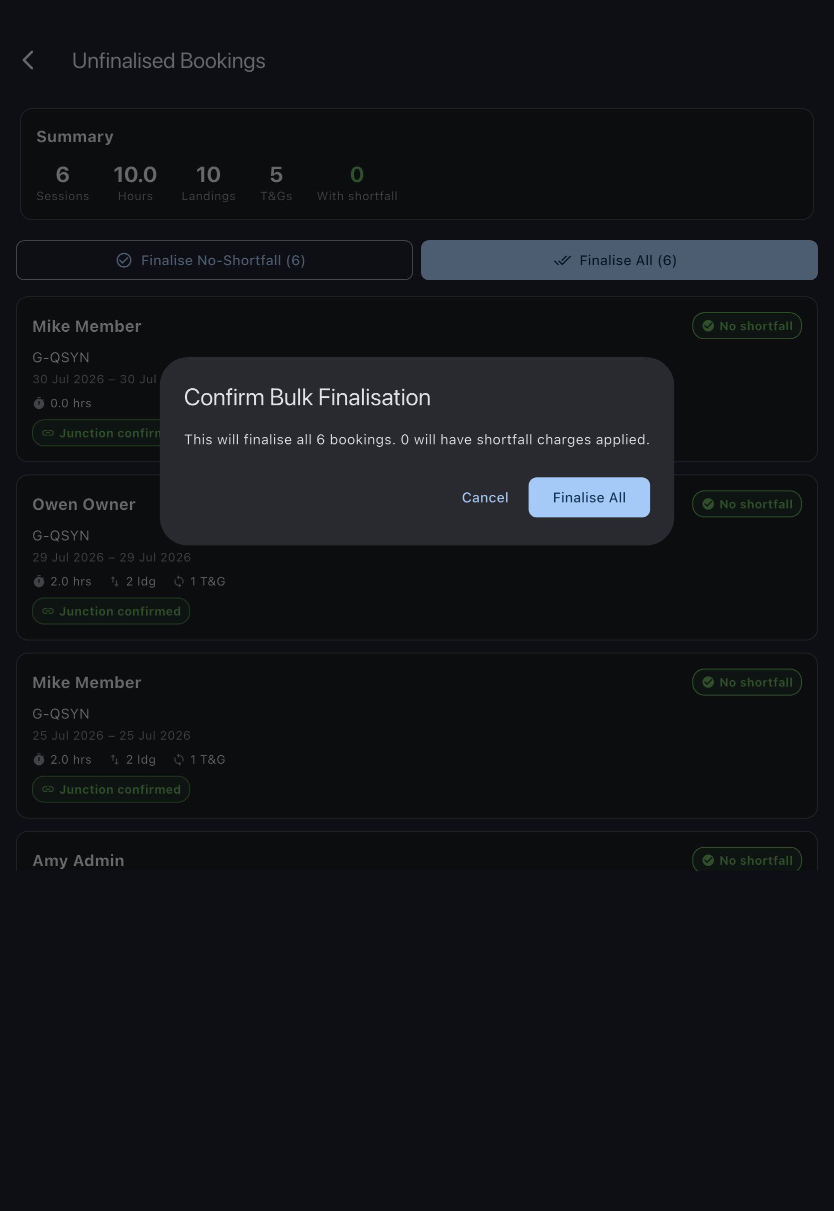 Unfinalised Bookings screen with Finalise No-Shortfall and Finalise All bulk-action buttons
