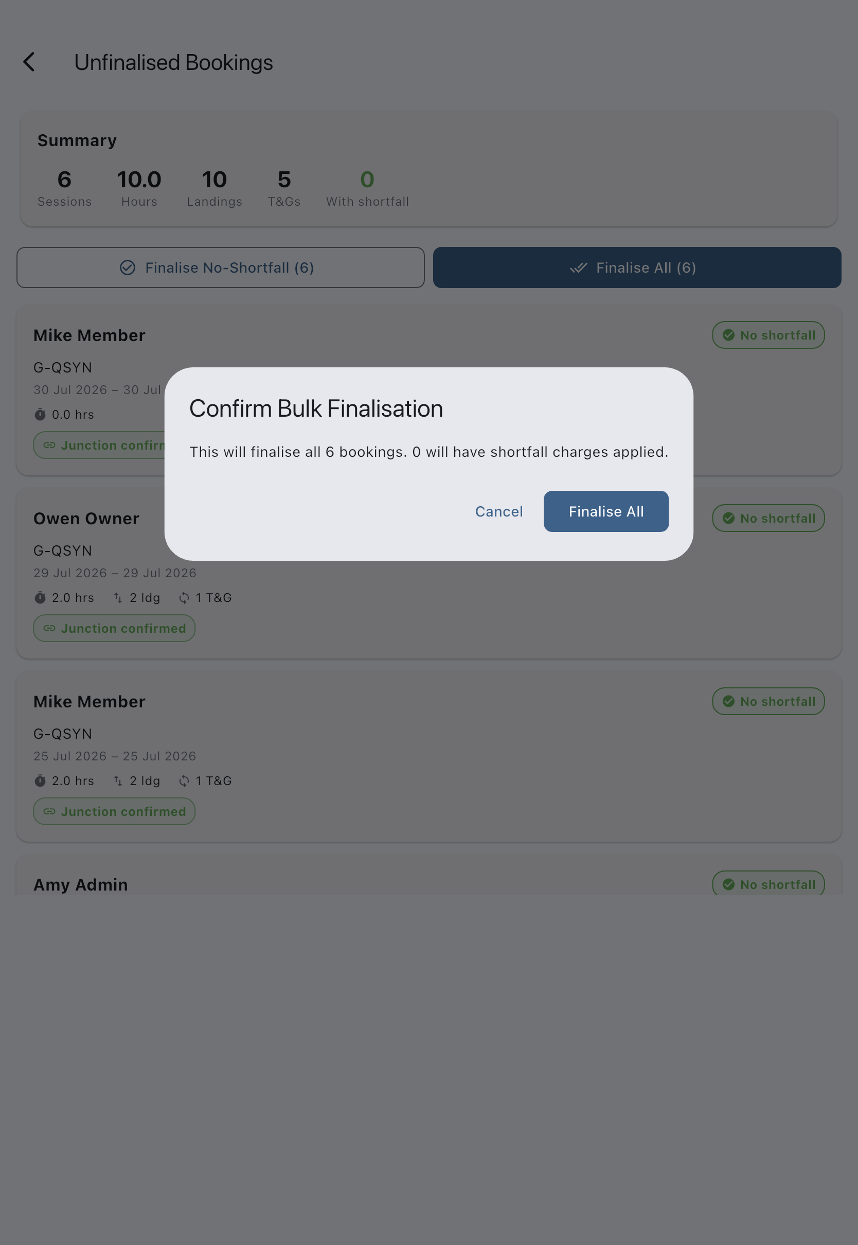 Unfinalised Bookings screen with Finalise No-Shortfall and Finalise All bulk-action buttons