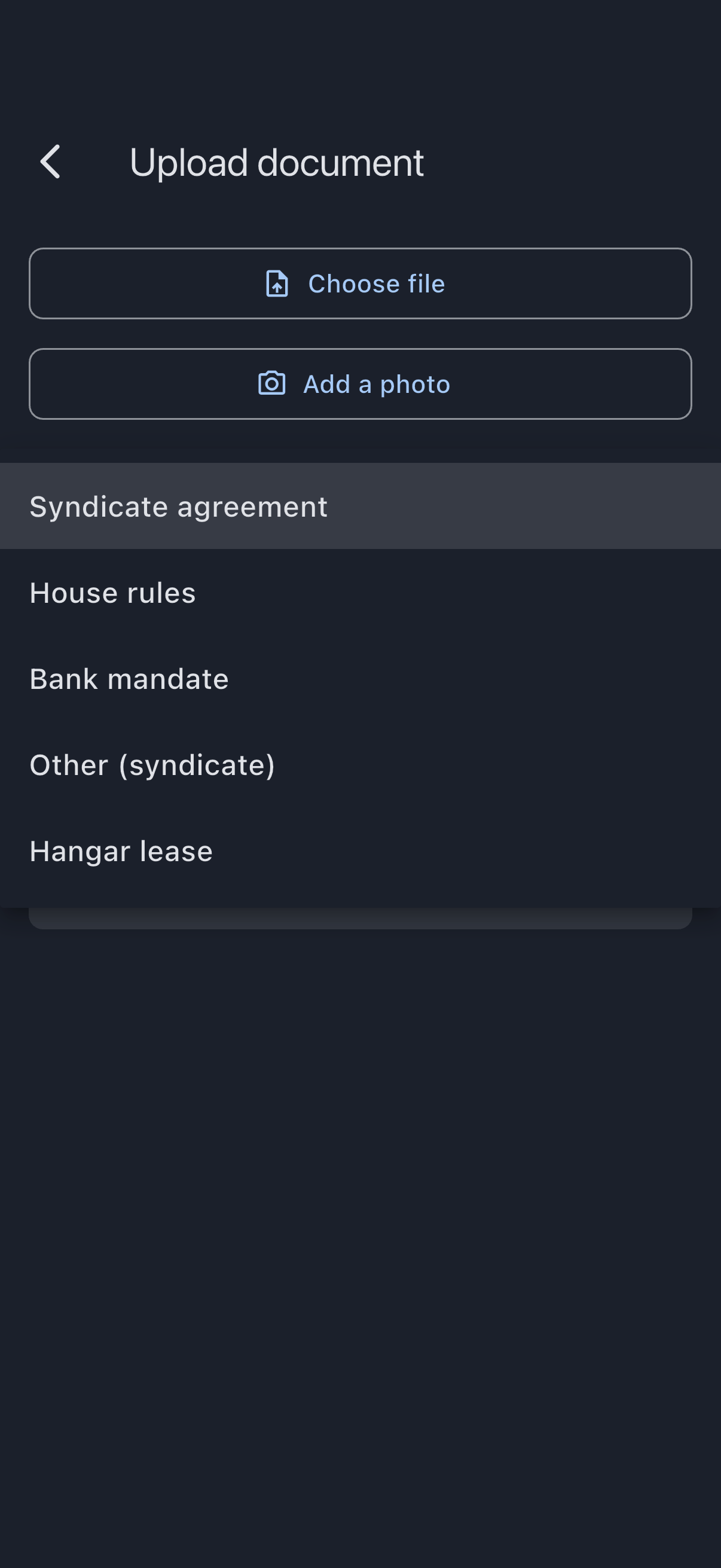 The document upload screen for the syndicate, with the type dropdown open showing the syndicate document types