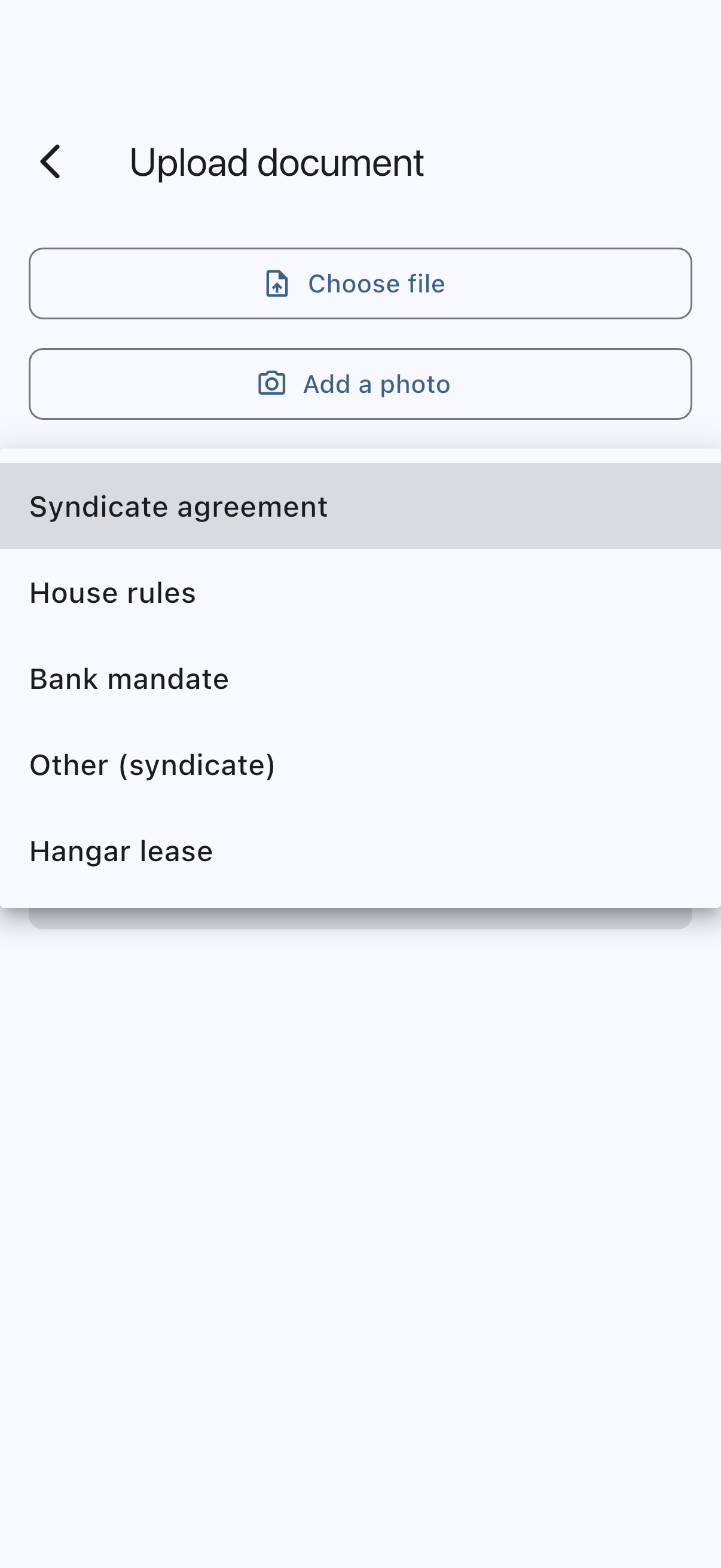 The document upload screen for the syndicate, with the type dropdown open showing the syndicate document types