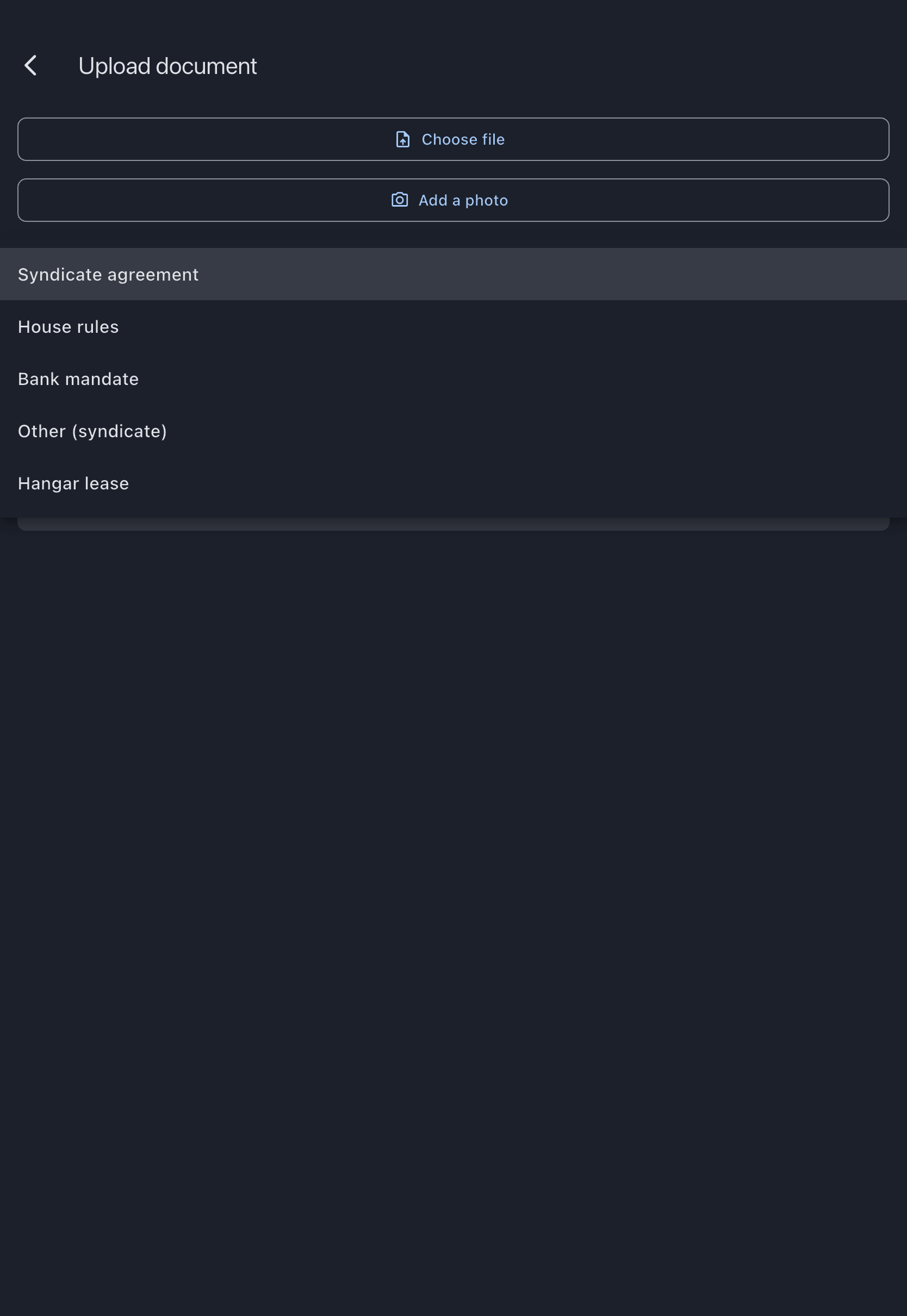 The document upload screen for the syndicate, with the type dropdown open showing the syndicate document types