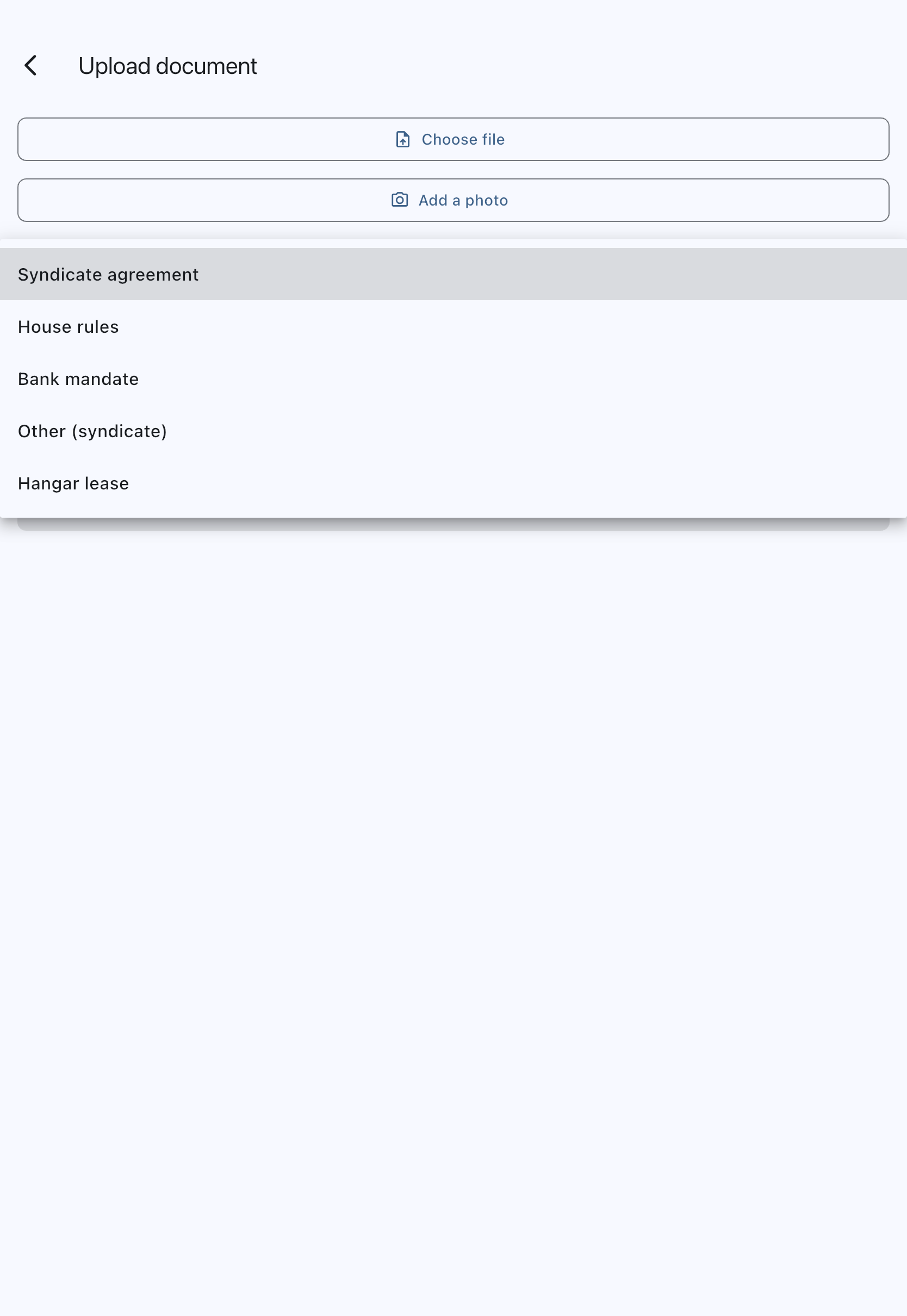 The document upload screen for the syndicate, with the type dropdown open showing the syndicate document types
