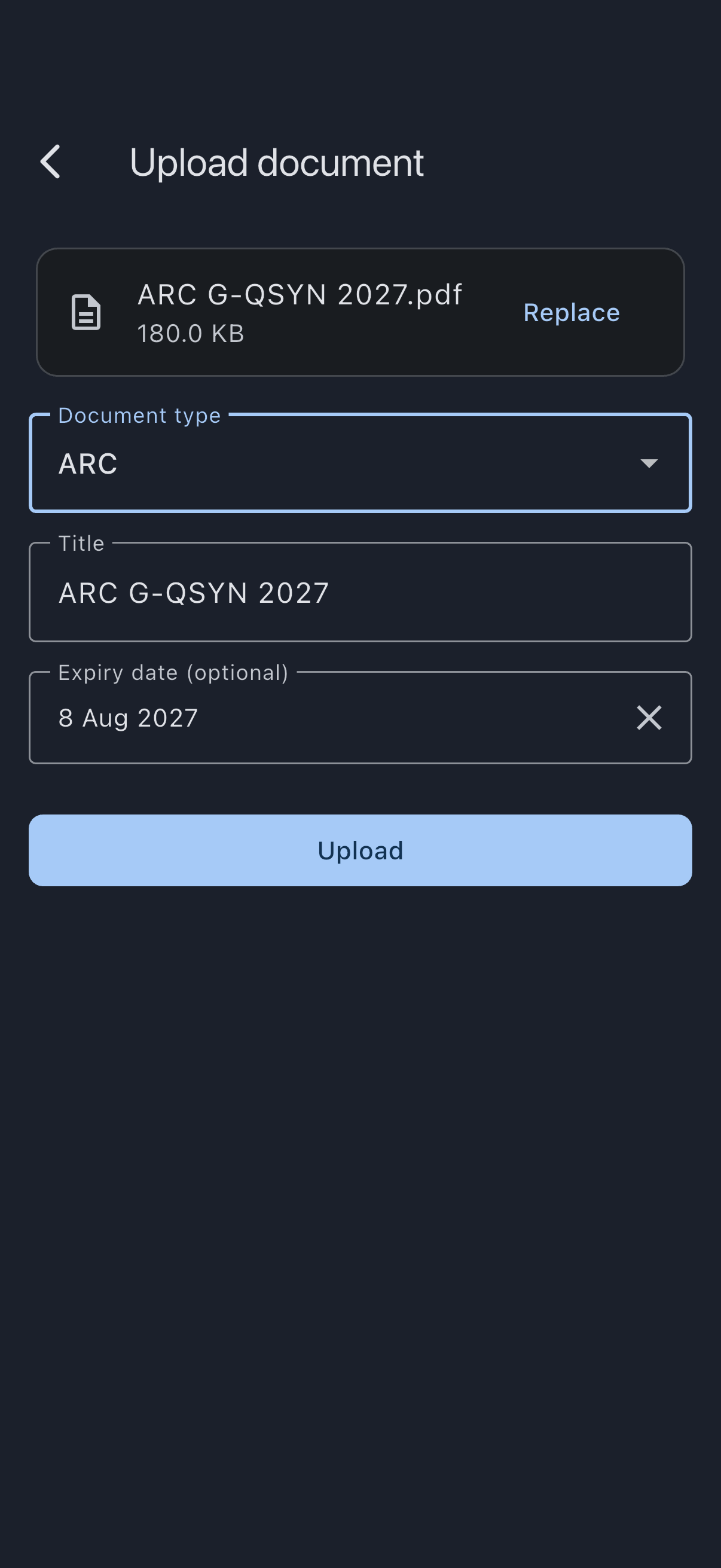 The document upload screen for an aircraft after a file has been chosen, showing the file name and size on a card with a Replace button in place of the Choose file button, the asset document type dropdown, the title filled in from the file name, and the optional expiry date