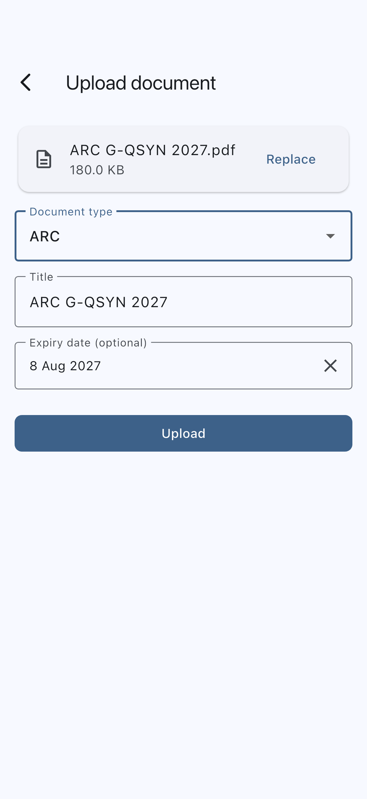 The document upload screen for an aircraft after a file has been chosen, showing the file name and size on a card with a Replace button in place of the Choose file button, the asset document type dropdown, the title filled in from the file name, and the optional expiry date