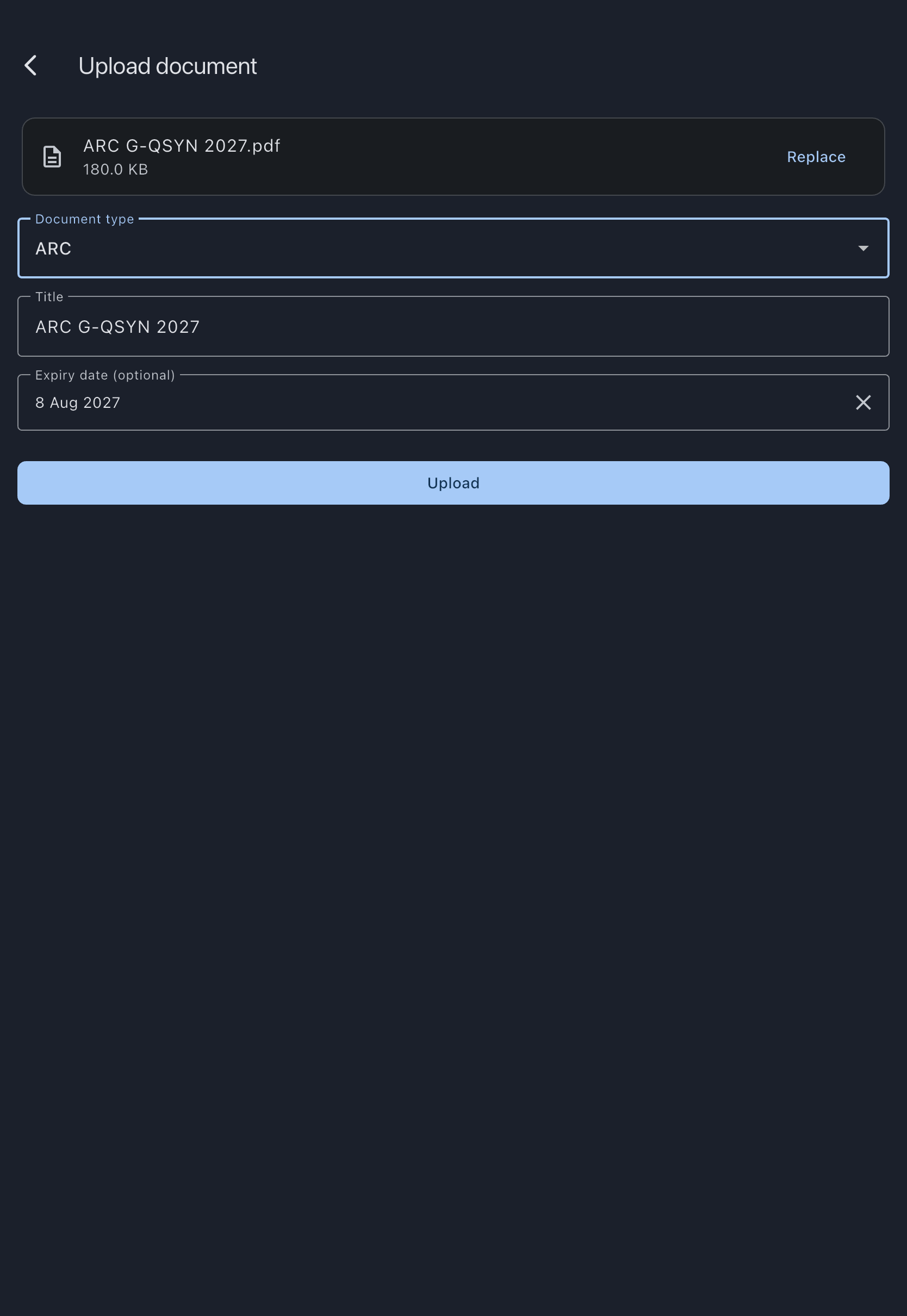 The document upload screen for an aircraft after a file has been chosen, showing the file name and size on a card with a Replace button in place of the Choose file button, the asset document type dropdown, the title filled in from the file name, and the optional expiry date