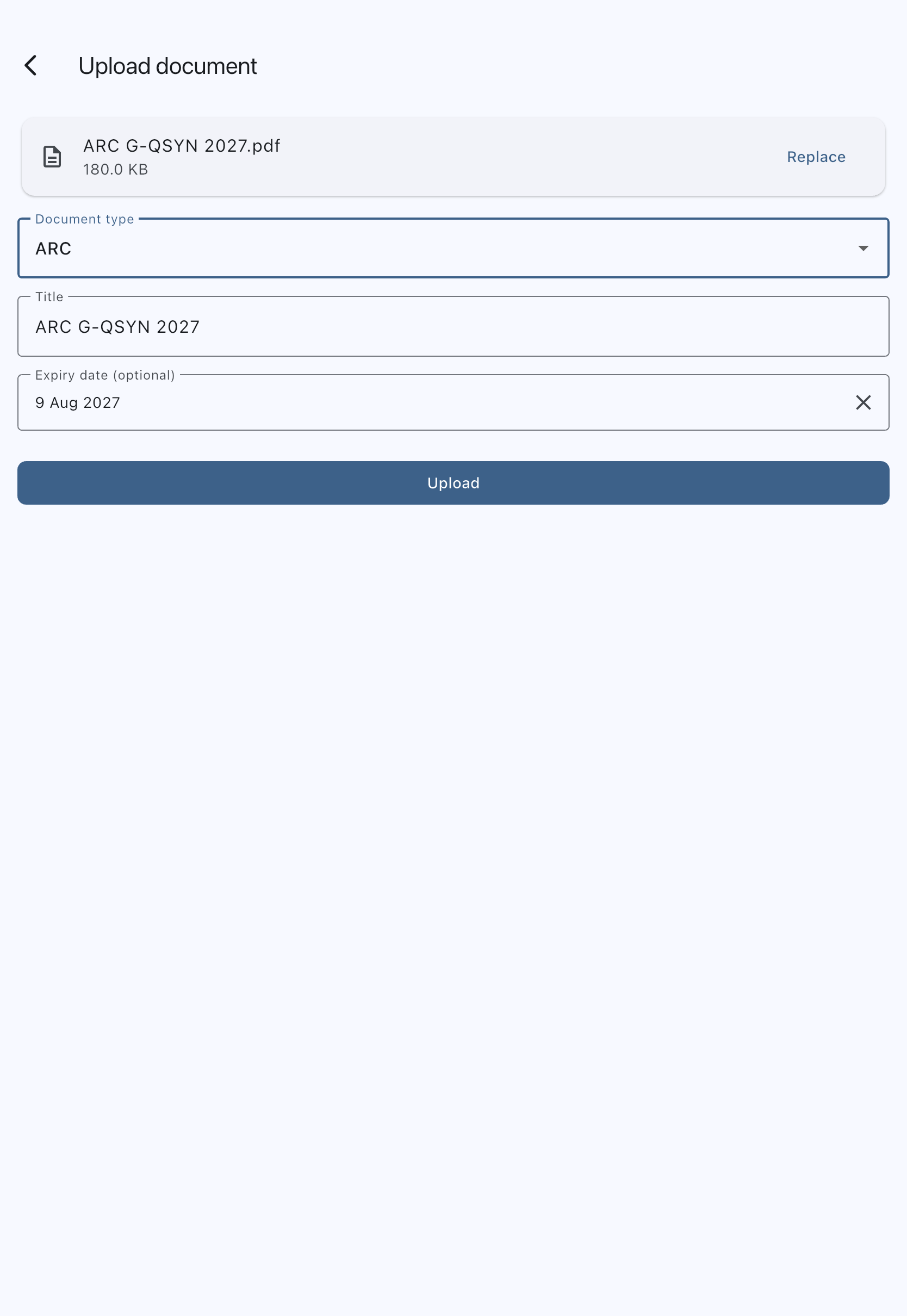 The document upload screen for an aircraft after a file has been chosen, showing the file name and size on a card with a Replace button in place of the Choose file button, the asset document type dropdown, the title filled in from the file name, and the optional expiry date