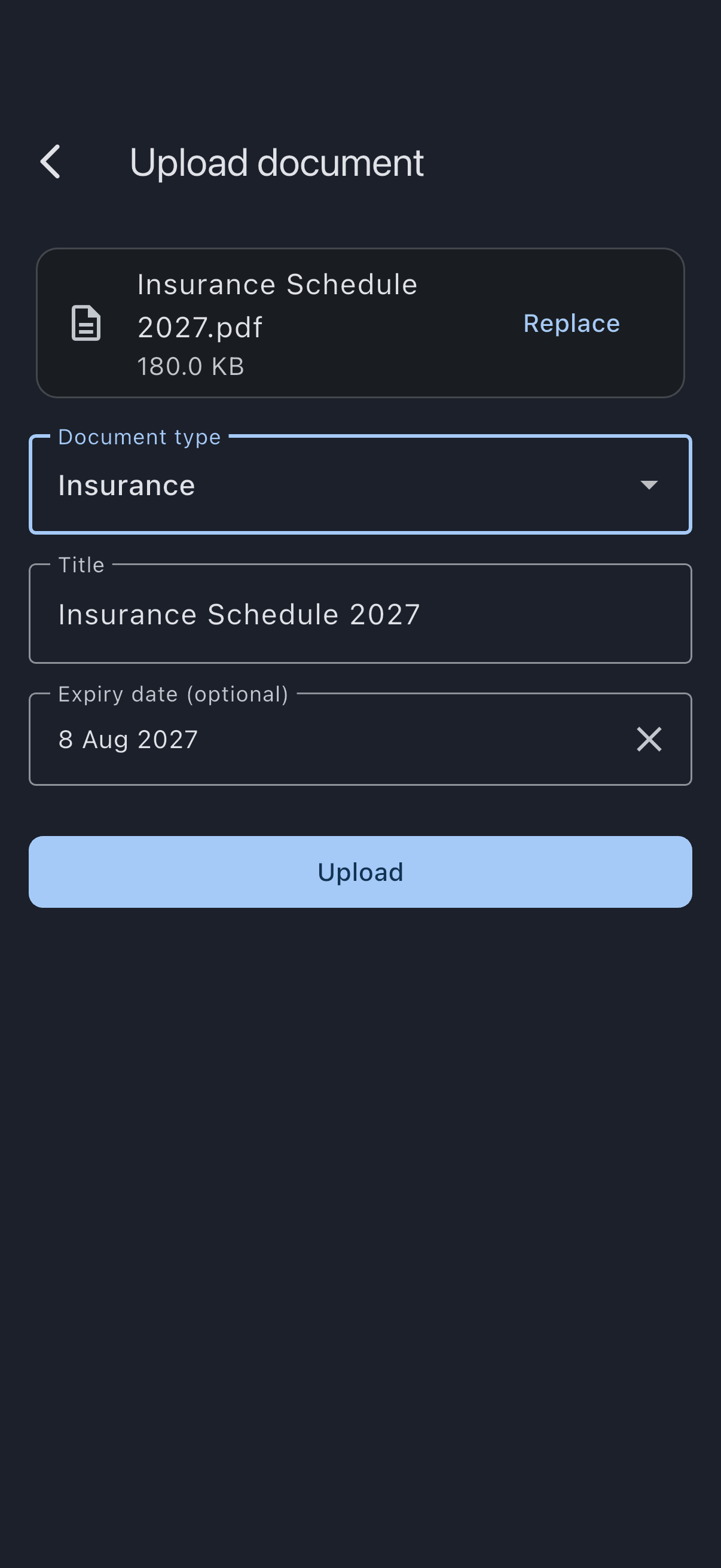 Upload form for the insurance document with an expiry date picked