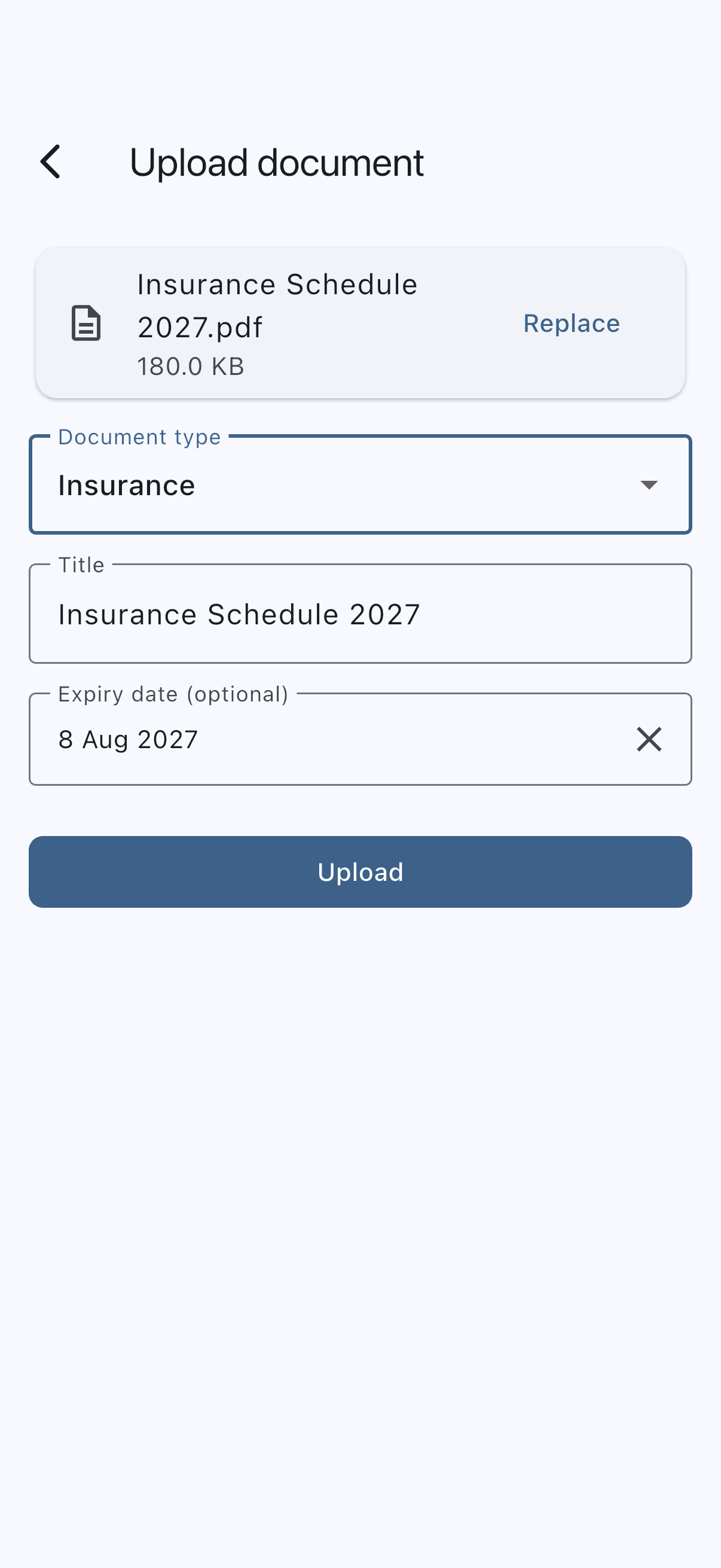 Upload form for the insurance document with an expiry date picked