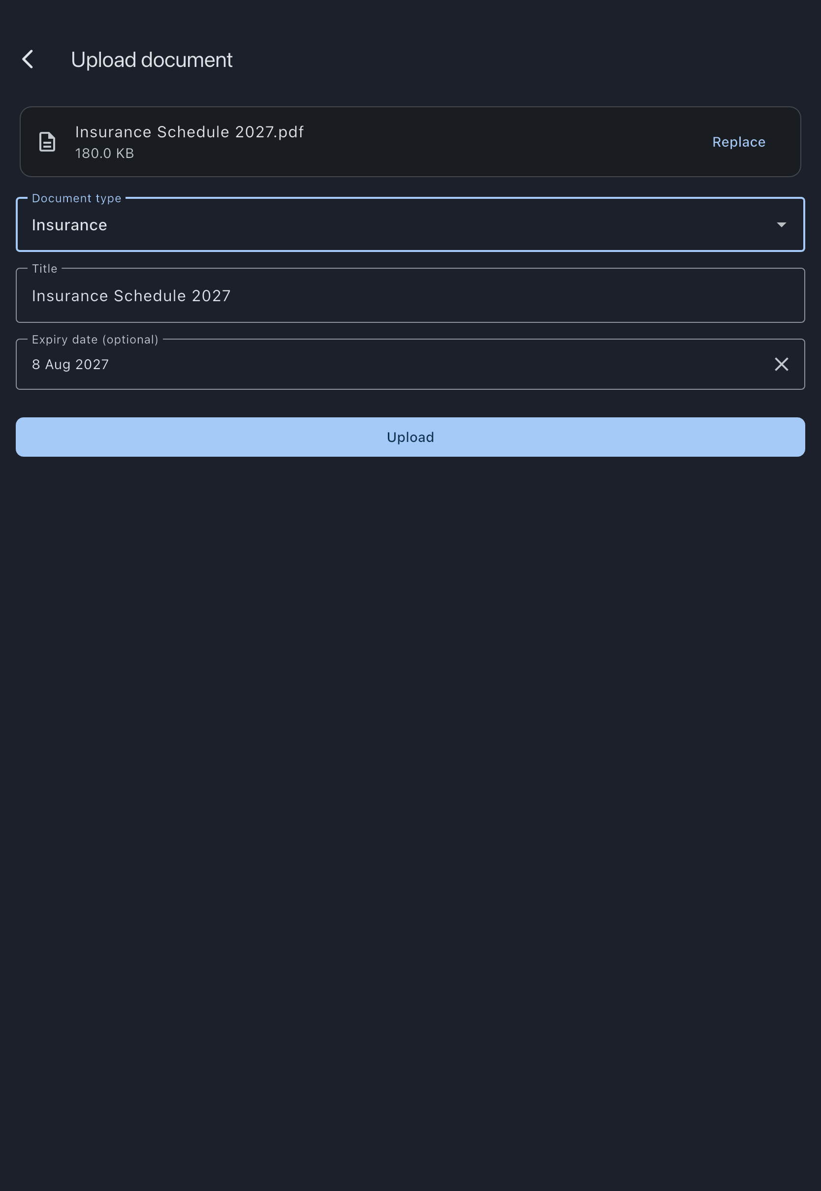 Upload form for the insurance document with an expiry date picked