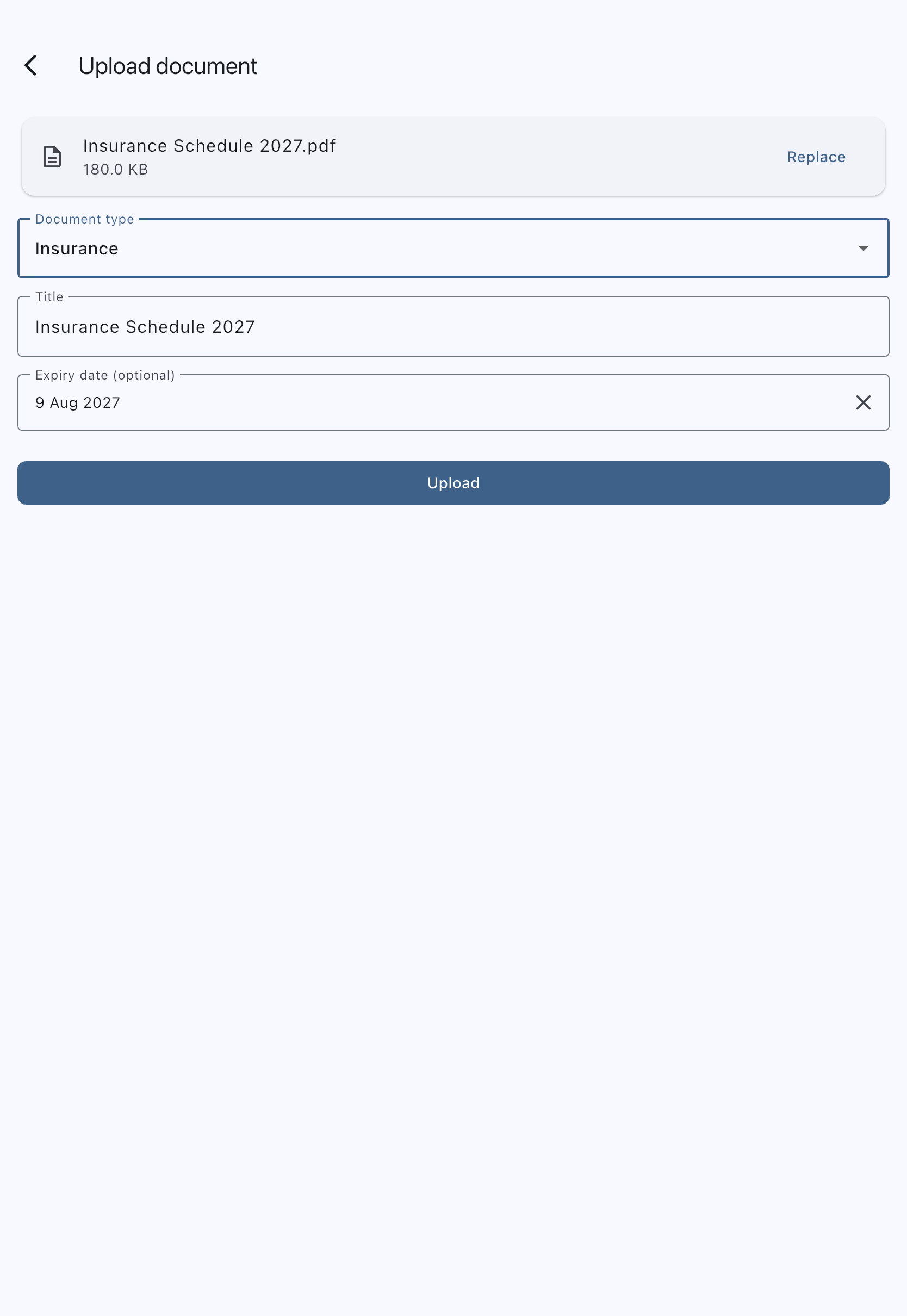 Upload form for the insurance document with an expiry date picked