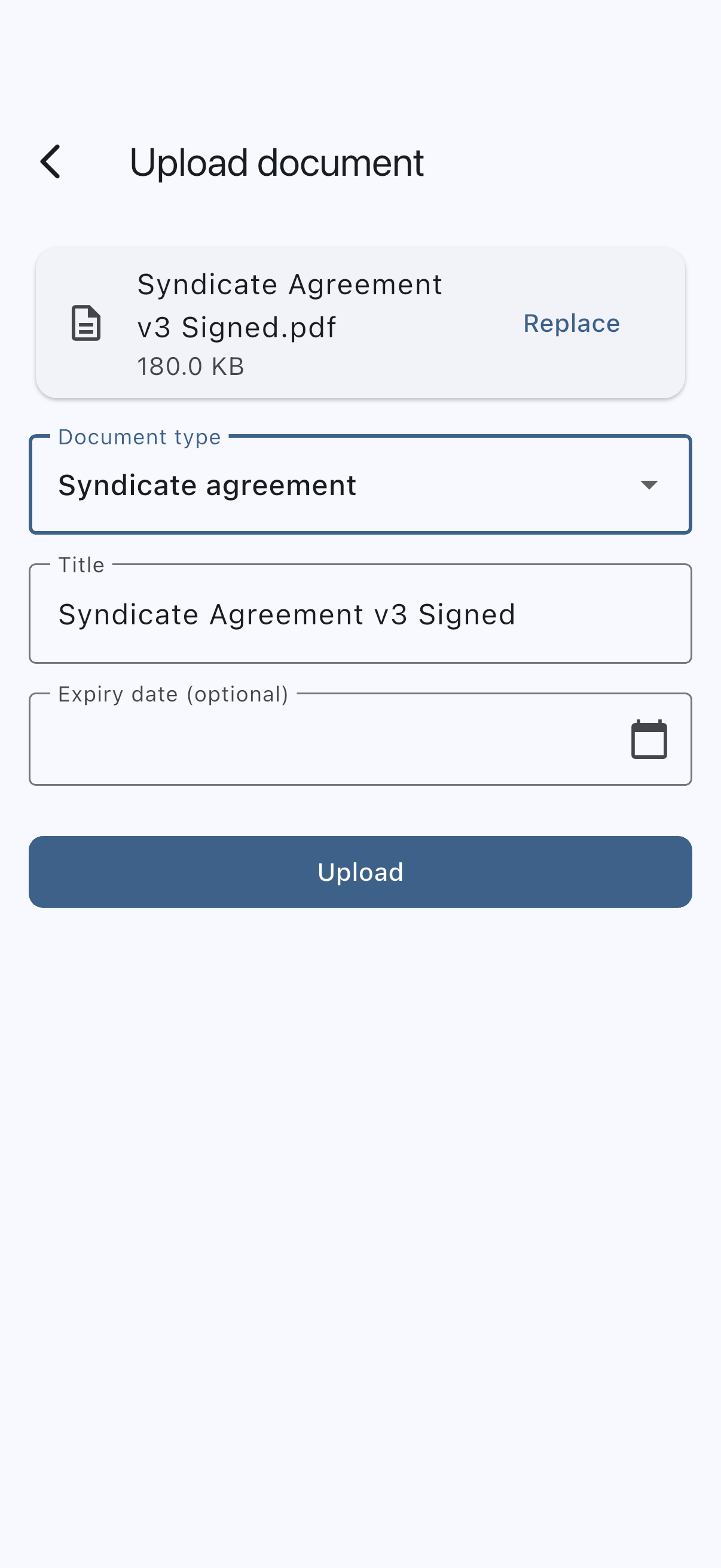 Upload form with the syndicate agreement chosen and the type set to Syndicate agreement