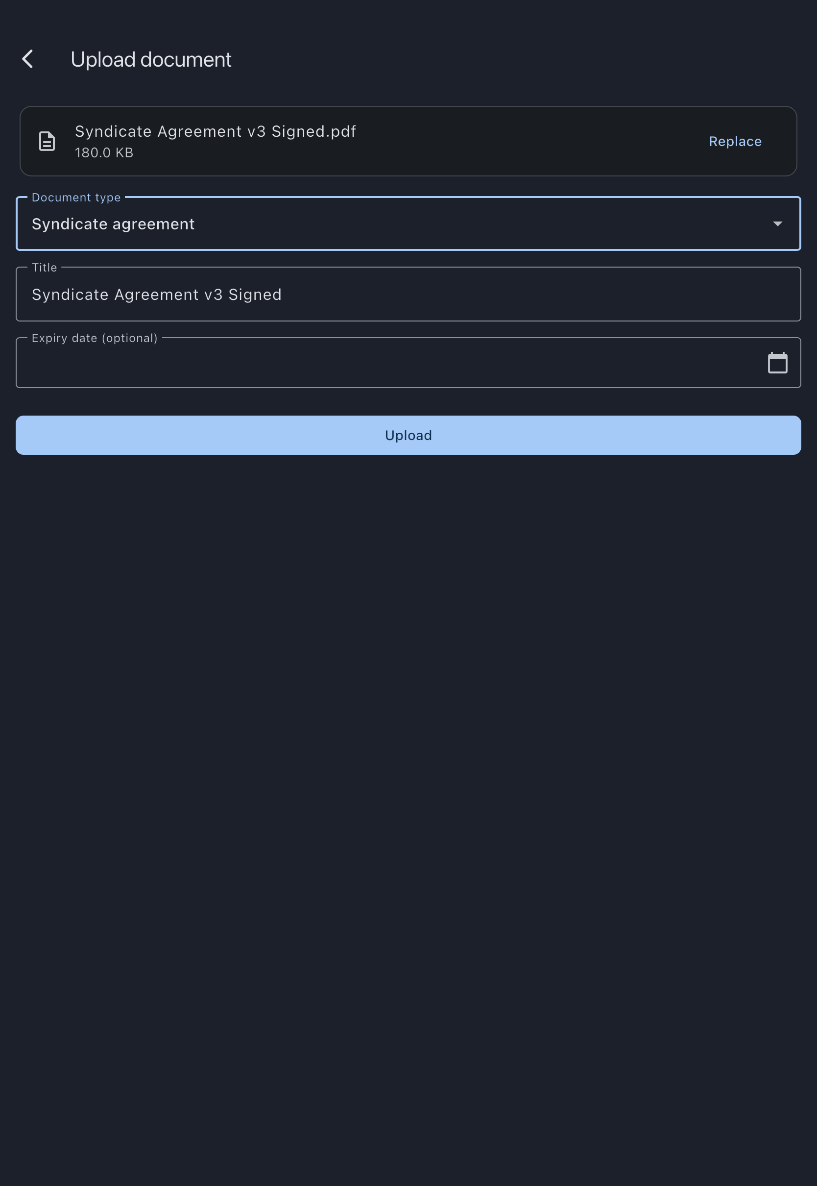 Upload form with the syndicate agreement chosen and the type set to Syndicate agreement