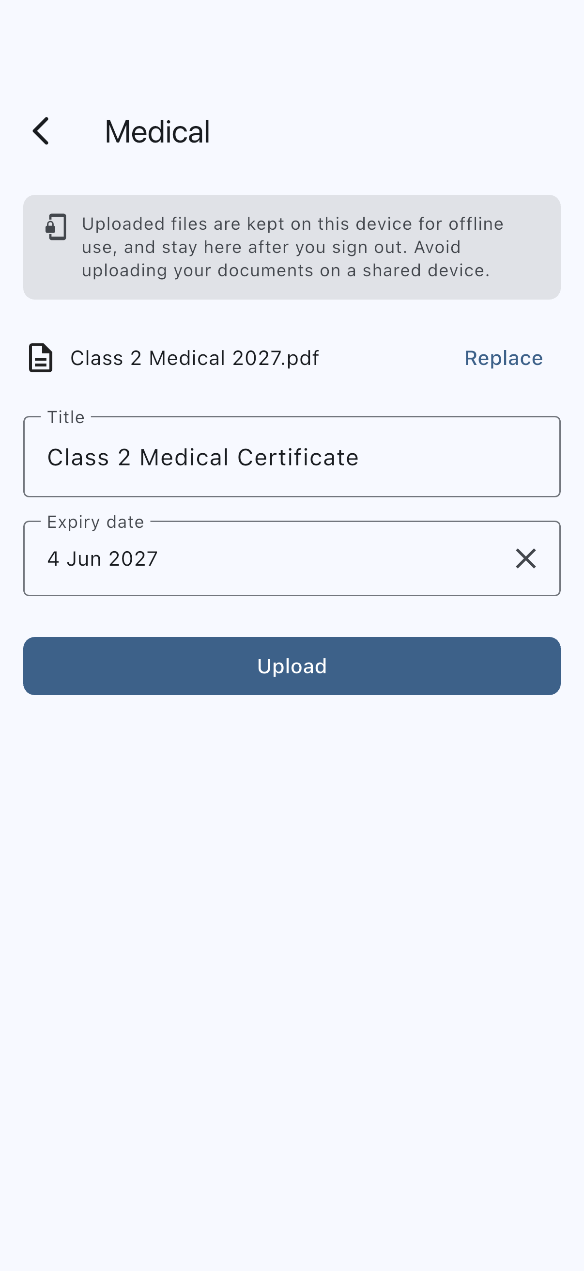 The pilot medical upload form with a certificate file chosen, the title filled in, and the expiry date picked from the calendar