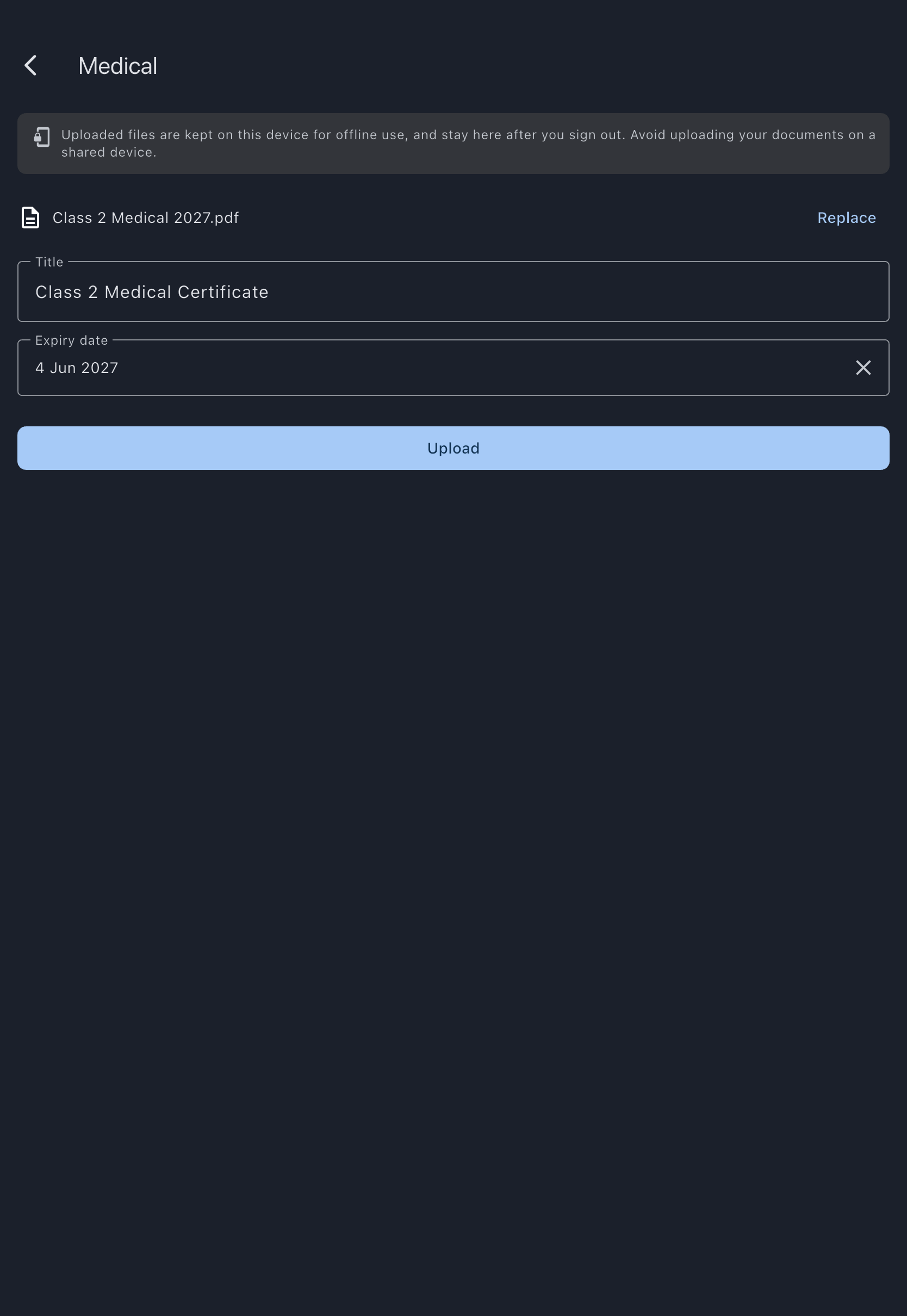 The pilot medical upload form with a certificate file chosen, the title filled in, and the expiry date picked from the calendar