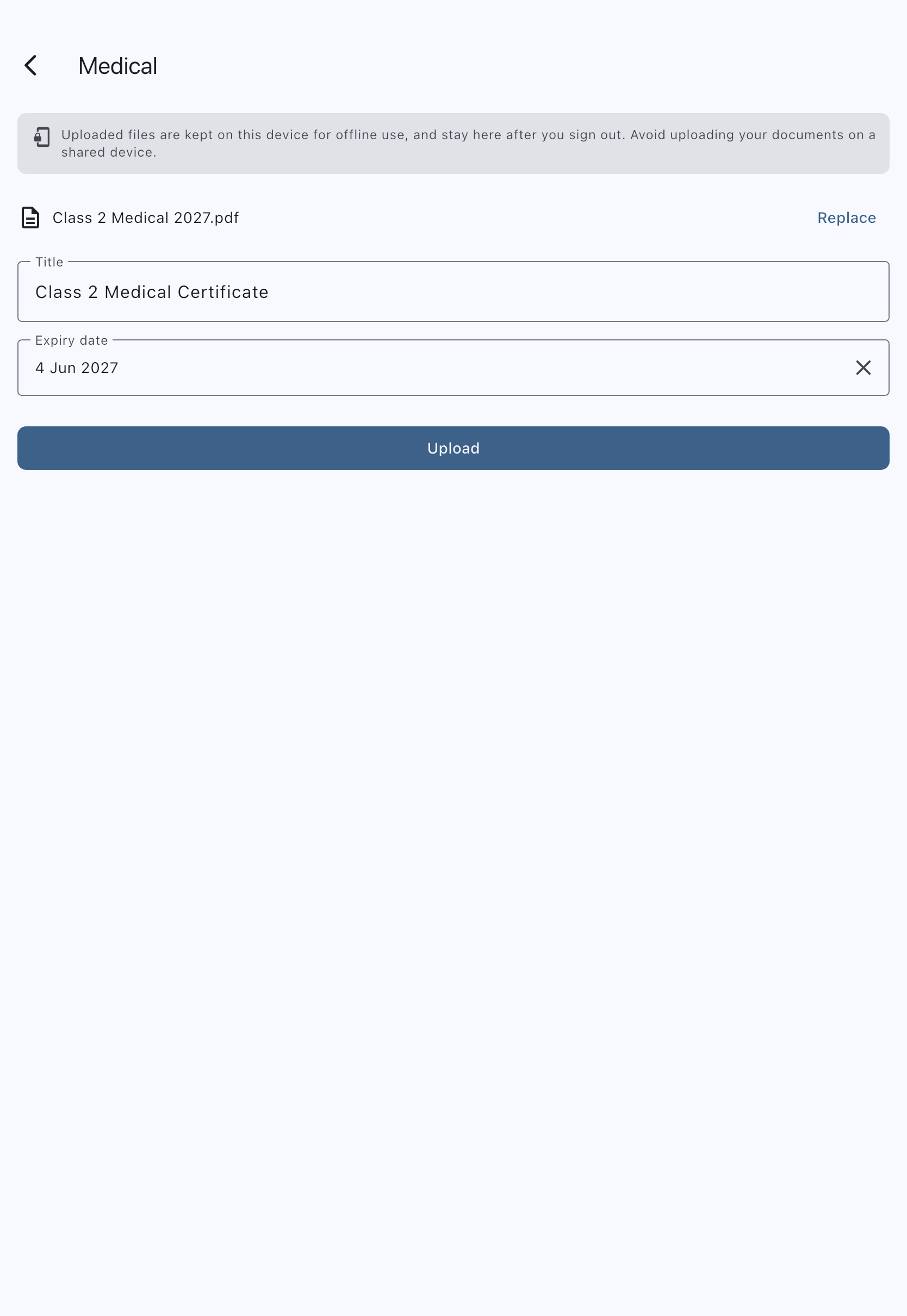 The pilot medical upload form with a certificate file chosen, the title filled in, and the expiry date picked from the calendar