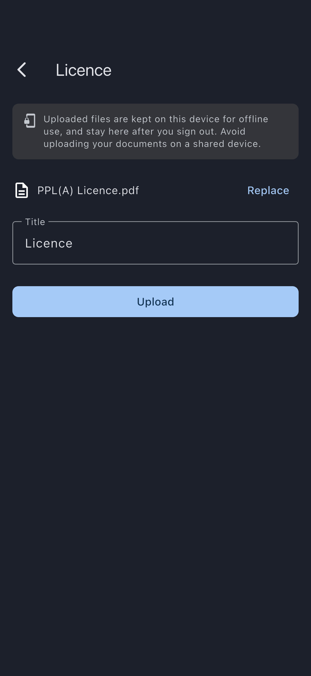The licence upload form with a licence file chosen and the title filled in, and no expiry field