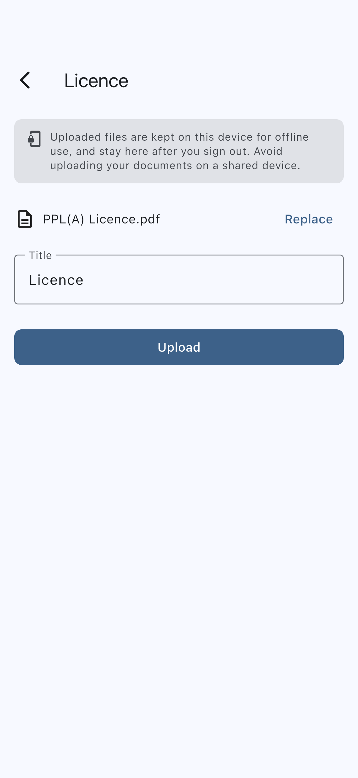 The licence upload form with a licence file chosen and the title filled in, and no expiry field