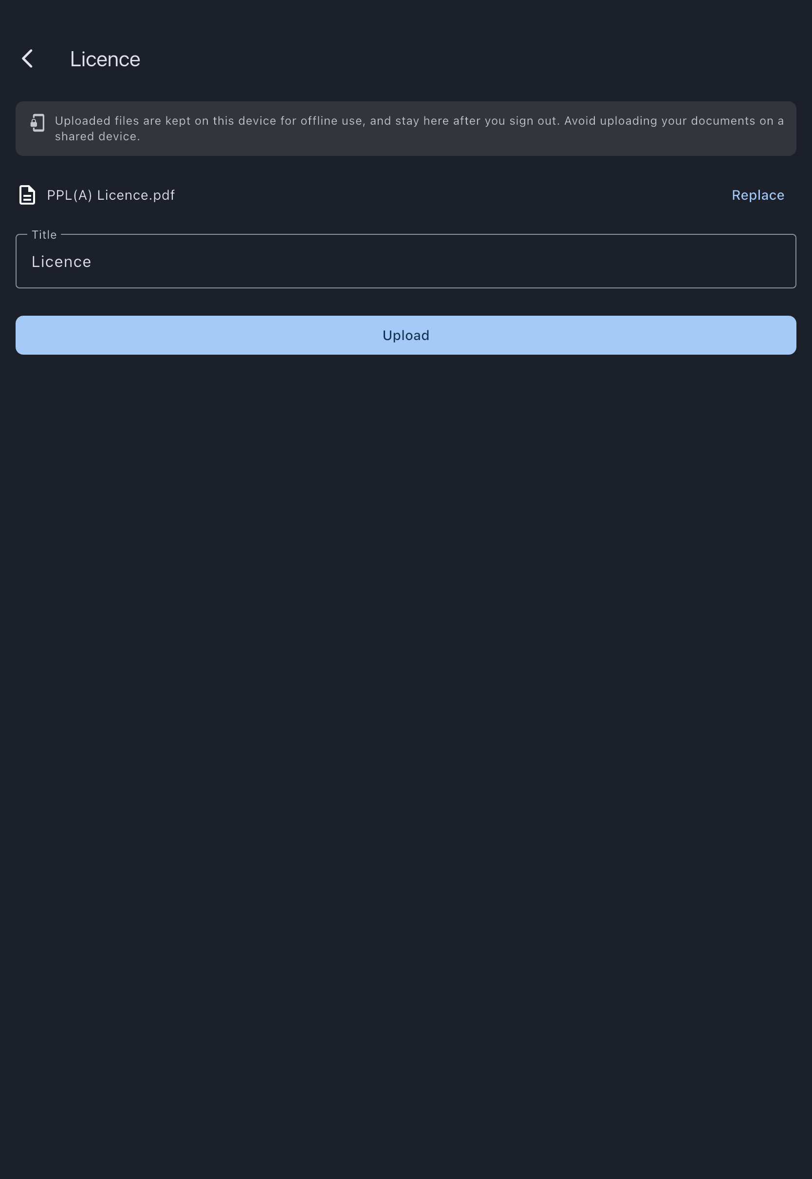 The licence upload form with a licence file chosen and the title filled in, and no expiry field
