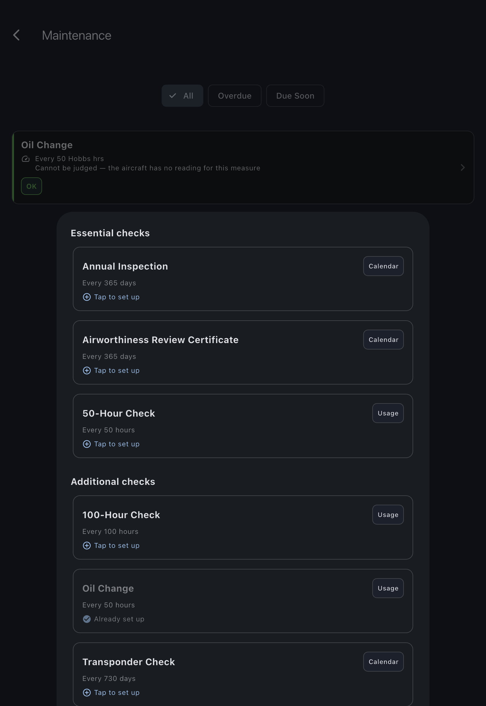 The template picker split into an Essential checks section and an Additional checks section, with one template marked Already set up