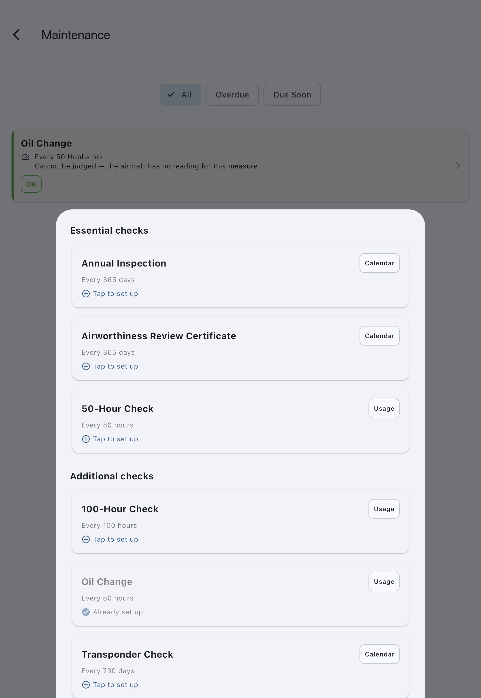 The template picker split into an Essential checks section and an Additional checks section, with one template marked Already set up